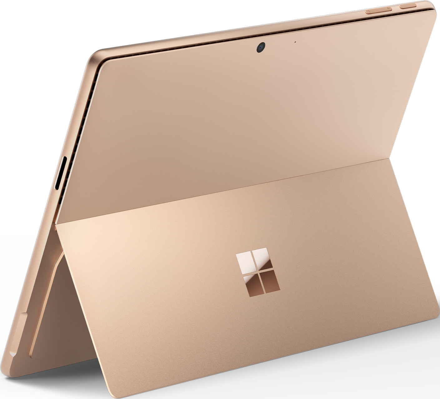 Ein goldfarbenes Tablet mit Ständer. Der Bildschirm zeigt ein Microsoft-Logo.