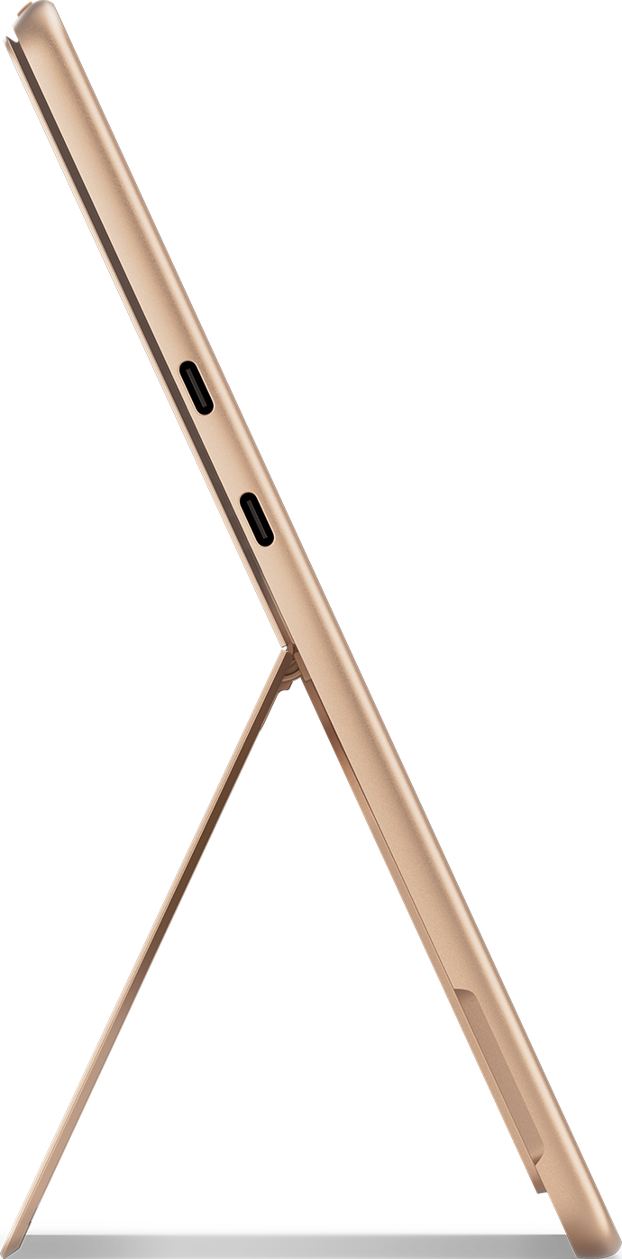 Ein goldenes Tablet, Seitenansicht. Das Tablet ist mit einem Ständer offen aufgestellt. Die Kanten zeigen Anschlüsse.