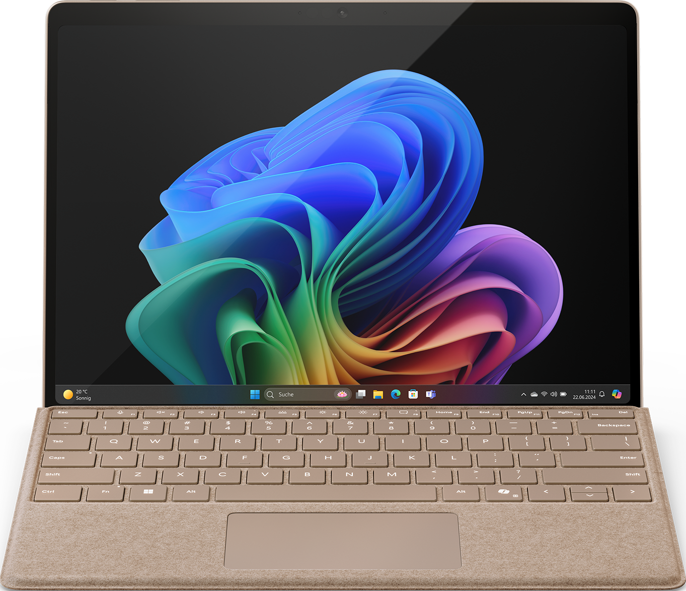 Laptop mit Regenbogenbildschirm, beiger Tastatur und schwarzem Bildschirmrand.