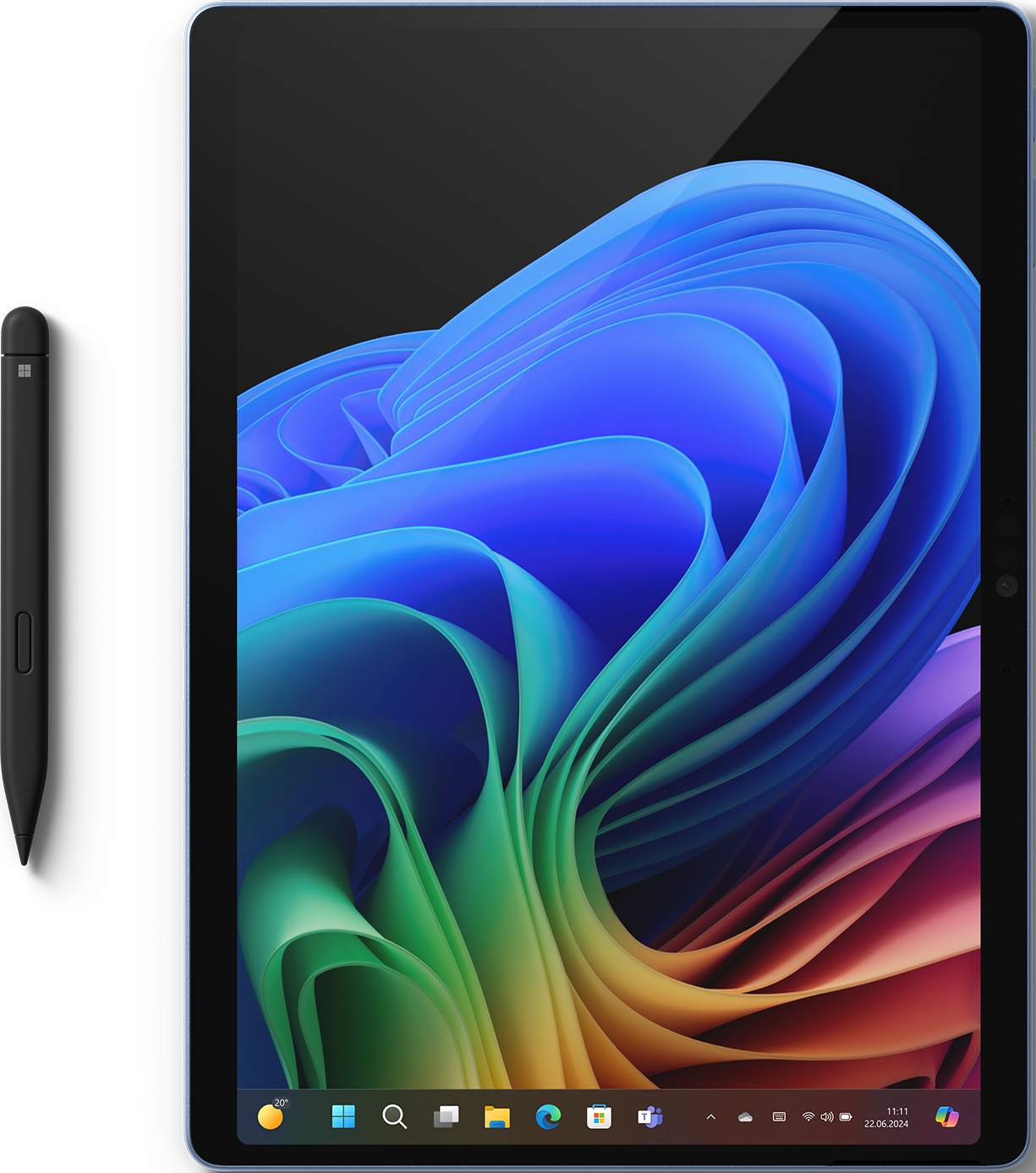 Une tablette avec un stylet à gauche, affichant un fond d'écran abstrait coloré.