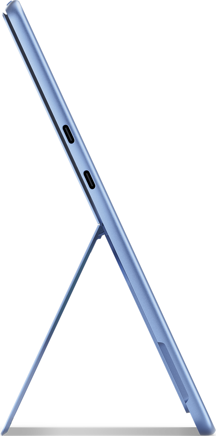 Tablette bleue de profil, soutenue par un pied. Fond noir.