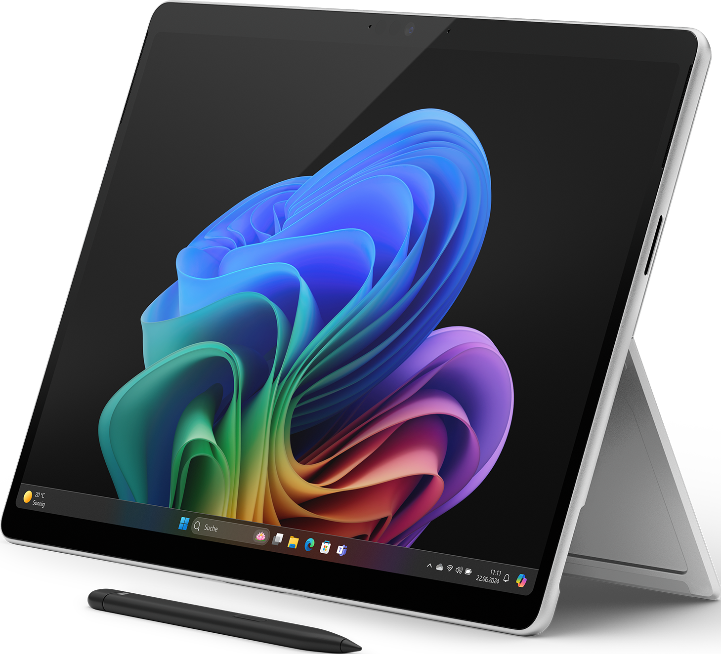 Ein Tablet-Computer, der ein farbenfrohes, abstraktes Bild anzeigt.
