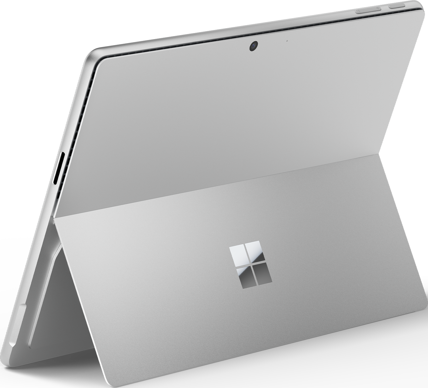 Ein silbernes Microsoft Surface Tablet mit einem Ständer, das Microsoft-Logo auf der Rückseite zeigend.