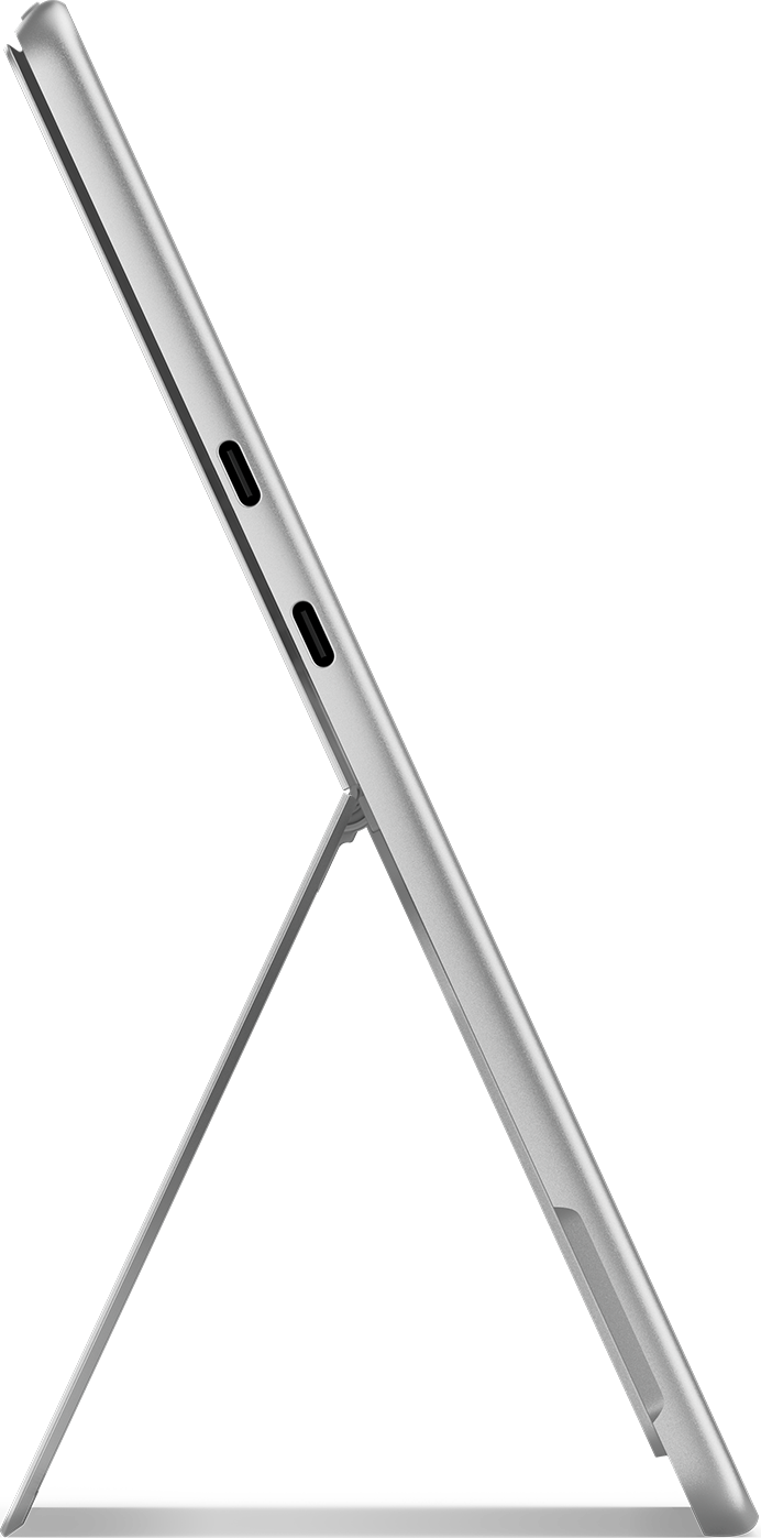 Silbernes Tablet im Profil, von einem Ständer gehalten. Schwarzer Hintergrund.