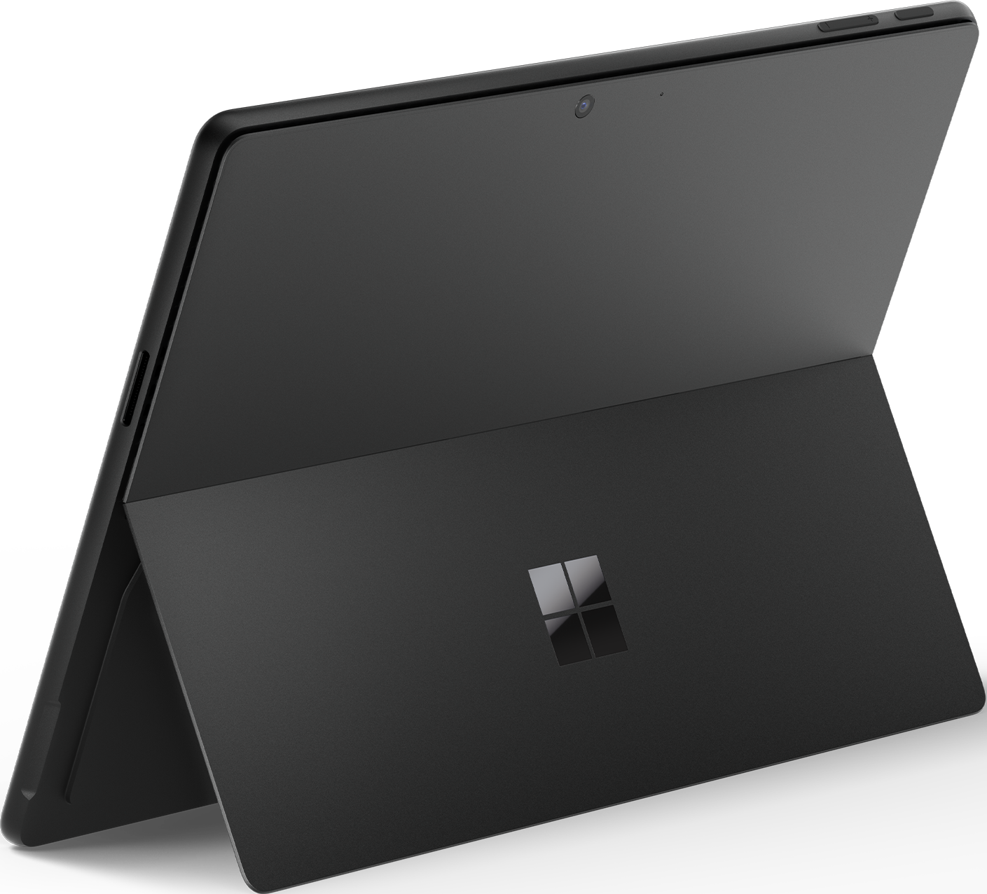 Schwarzes Tablet mit Ständer. Die Rückseite ist schwarz mit Microsoft-Logo.