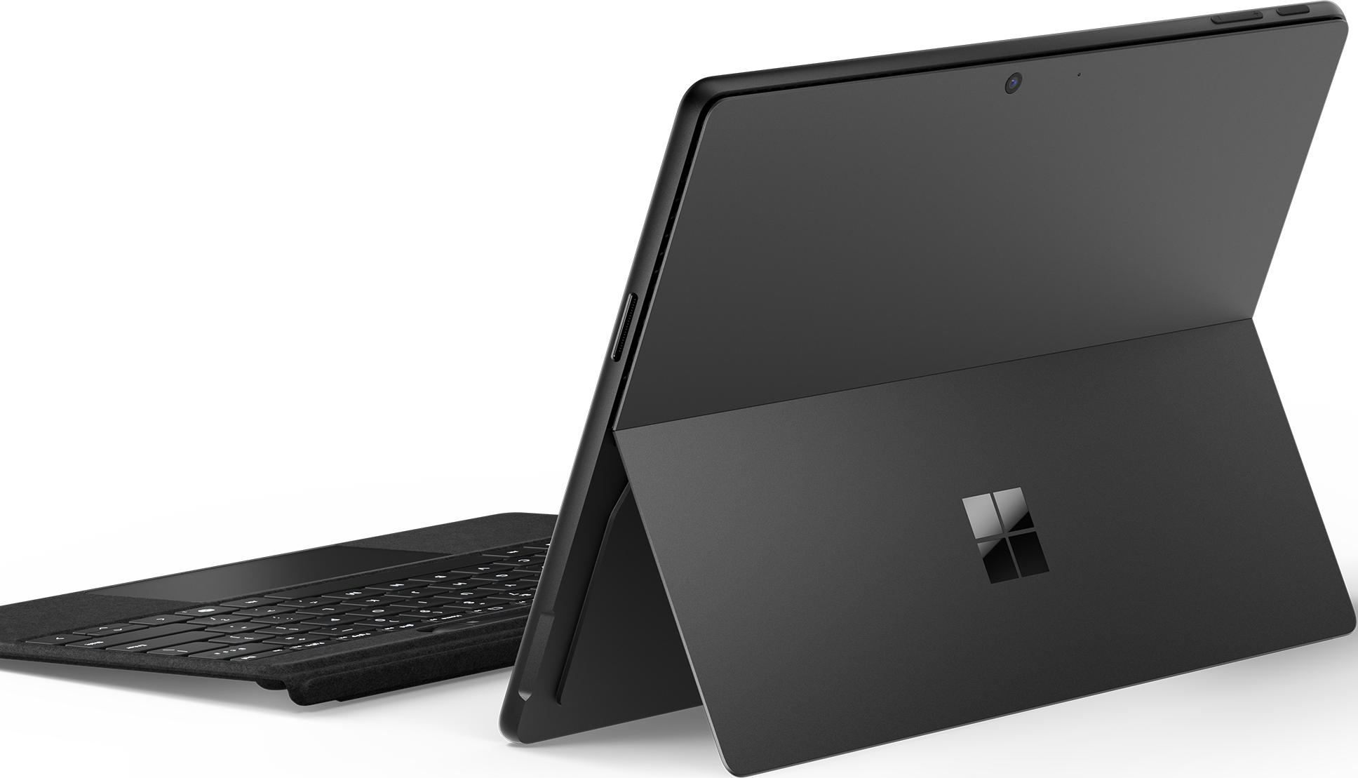 Schwarzes Tablet mit Tastatur, hochgestellt, zeigt das Microsoft-Logo.