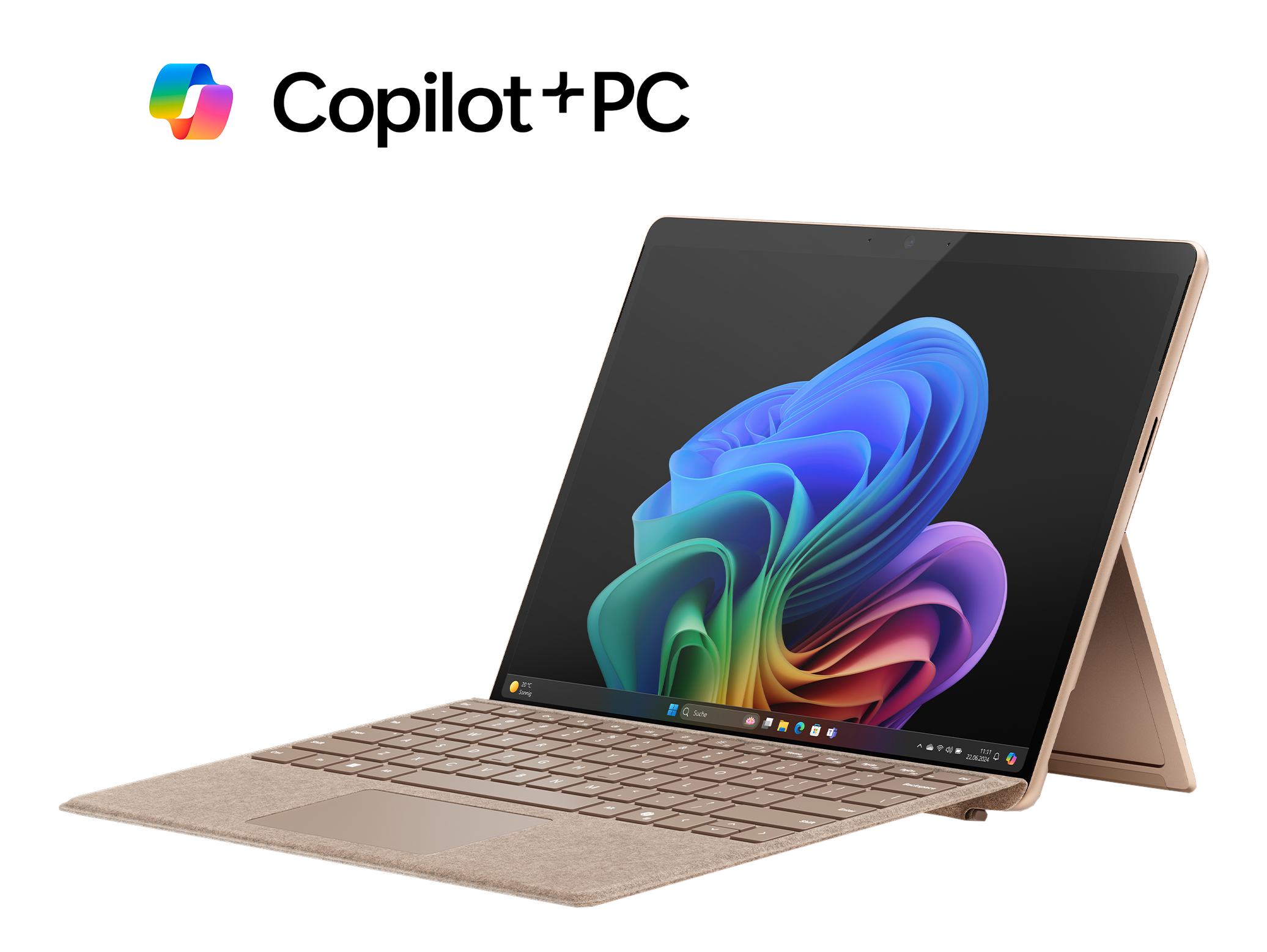 Ordinateur portable avec écran ouvert. Tourbillon coloré sur l'écran. Clavier beige.