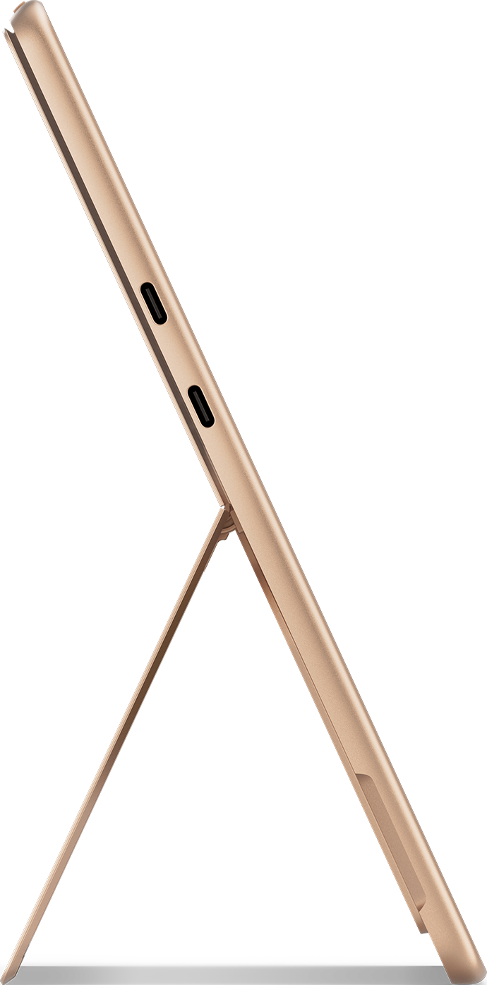 Une tablette dorée avec support.