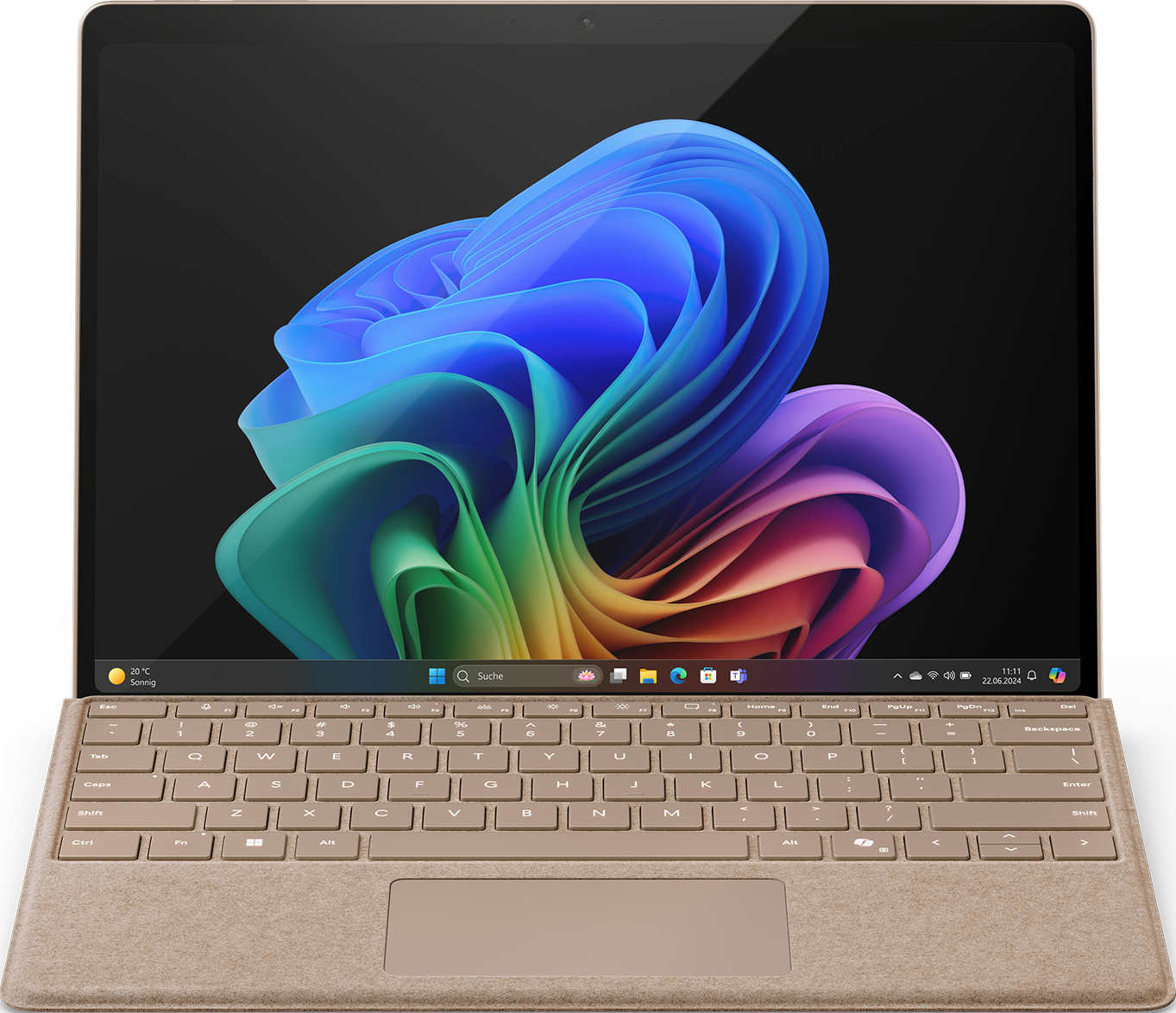Ordinateur portable avec un écran affichant un bureau Windows coloré. Clavier et pavé tactile sont visibles.