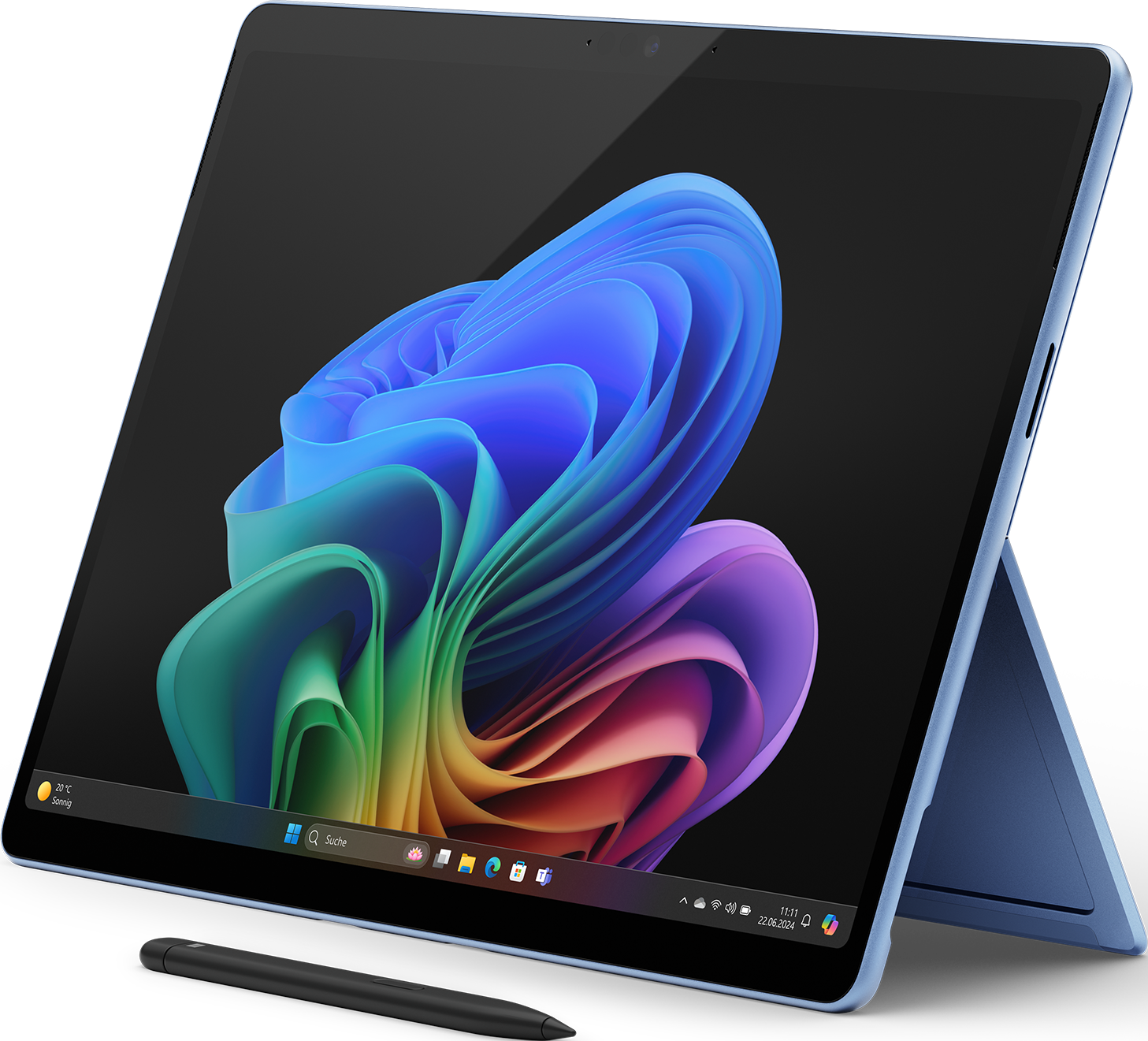 Une tablette bleue avec un stylet noir, montrant un affichage coloré avec un bureau.