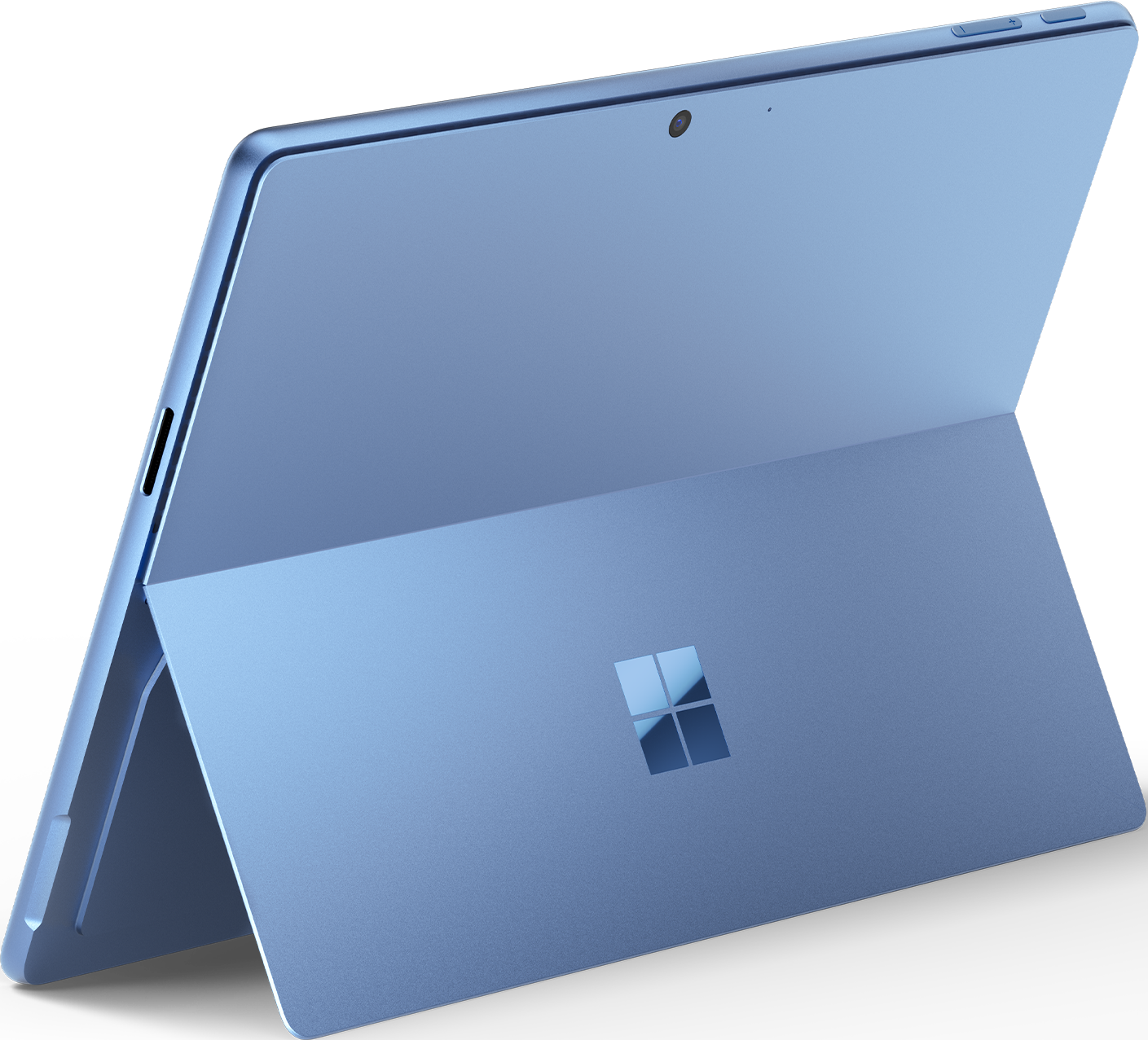 Tablette bleue avec fixation clavier, vue en angle, affichant le logo Microsoft sur le support.