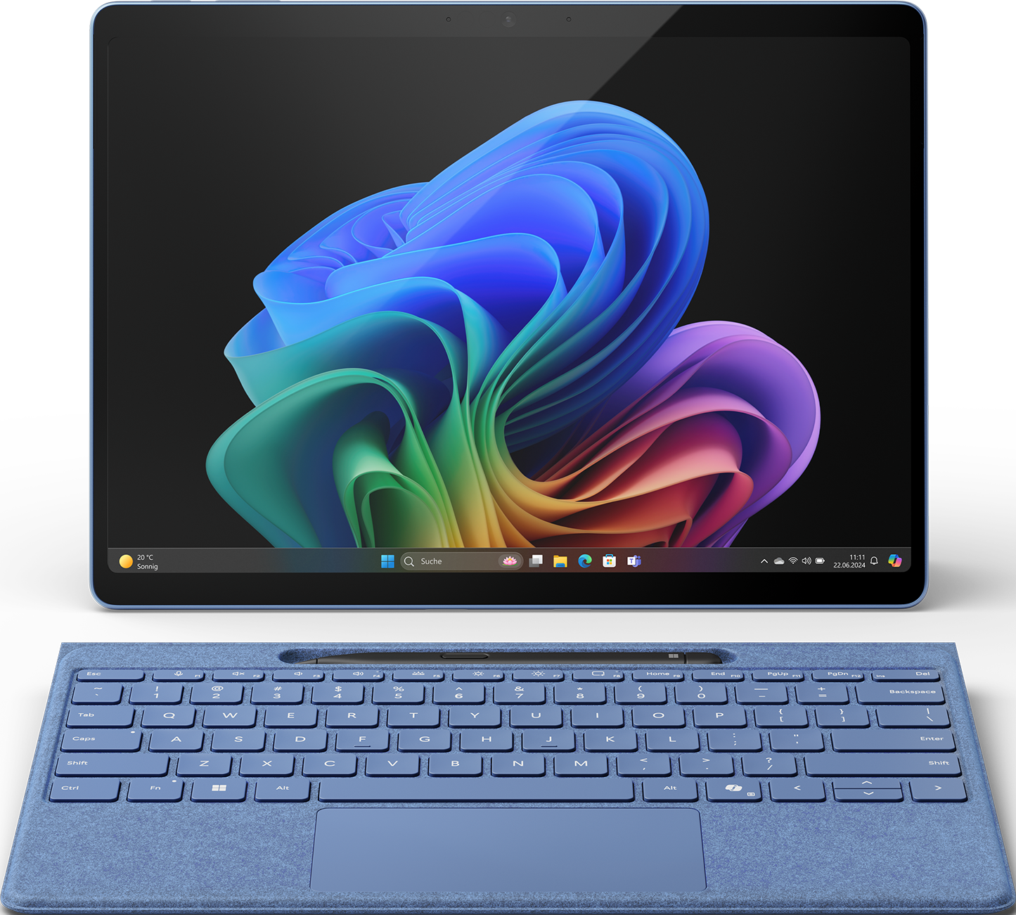 Une tablette avec clavier, affichant un fond abstrait coloré.