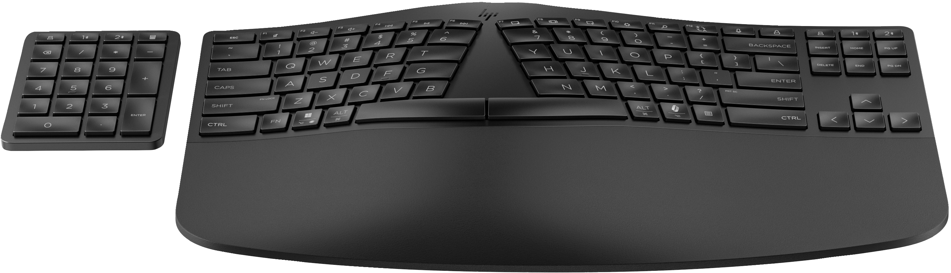 Black ergonomic keyboard with a separate number pad. The keyboard has curved design with keys.