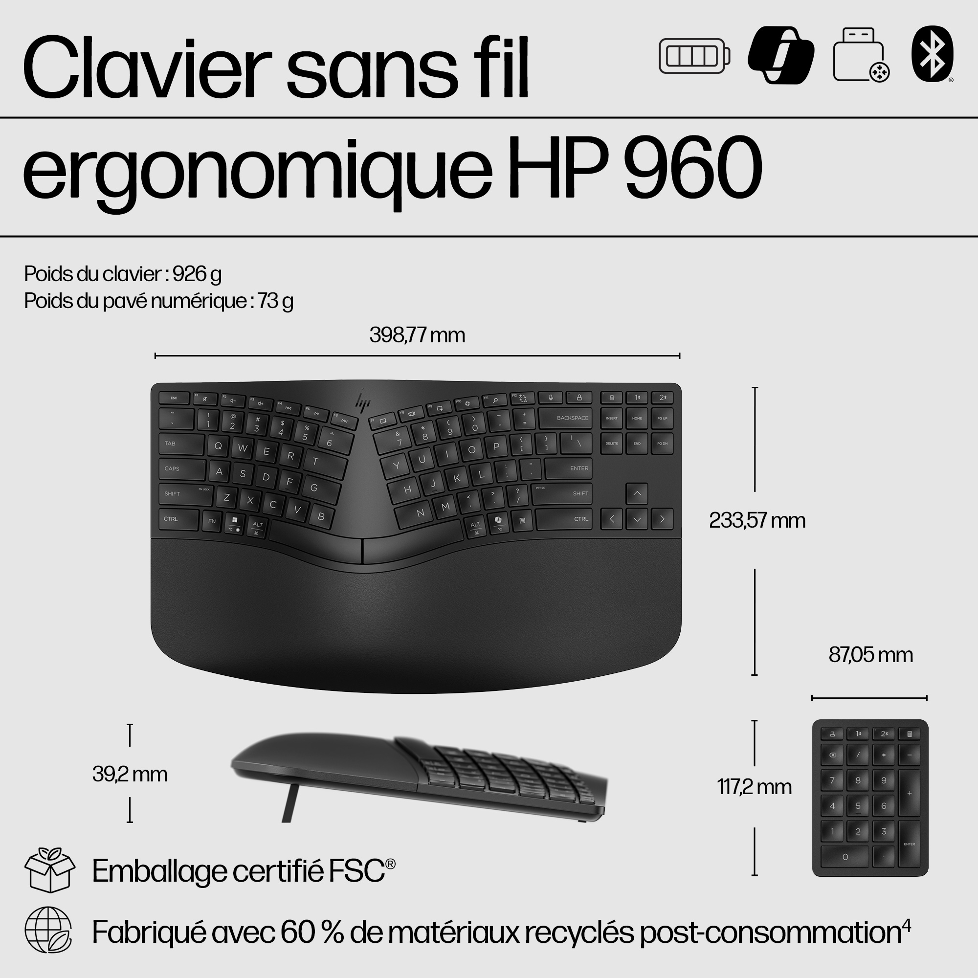 Clavier ergonomique noir avec pavé numérique. Fond blanc avec mesures.
