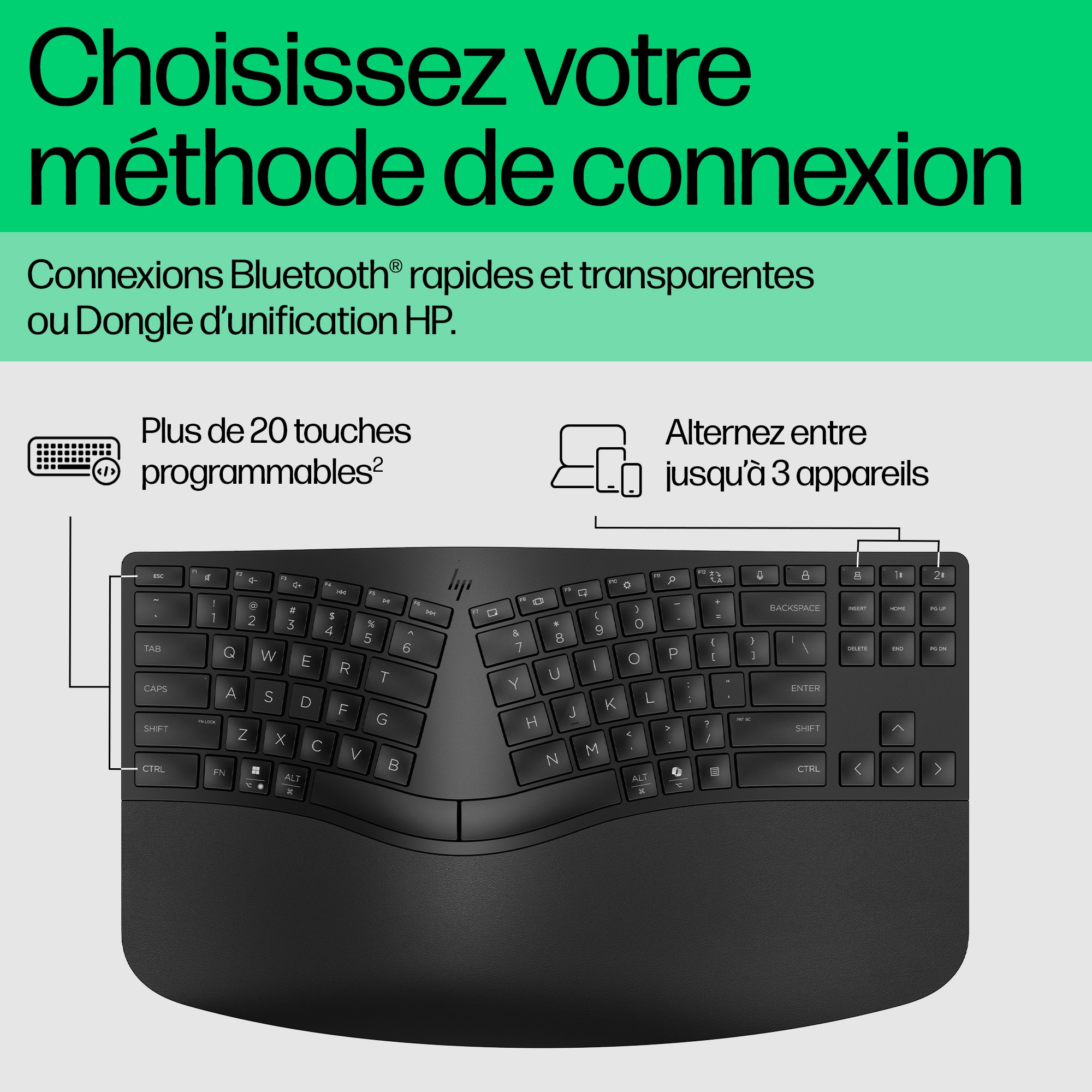 Clavier ergonomique noir avec texte en français sur les méthodes de connexion.