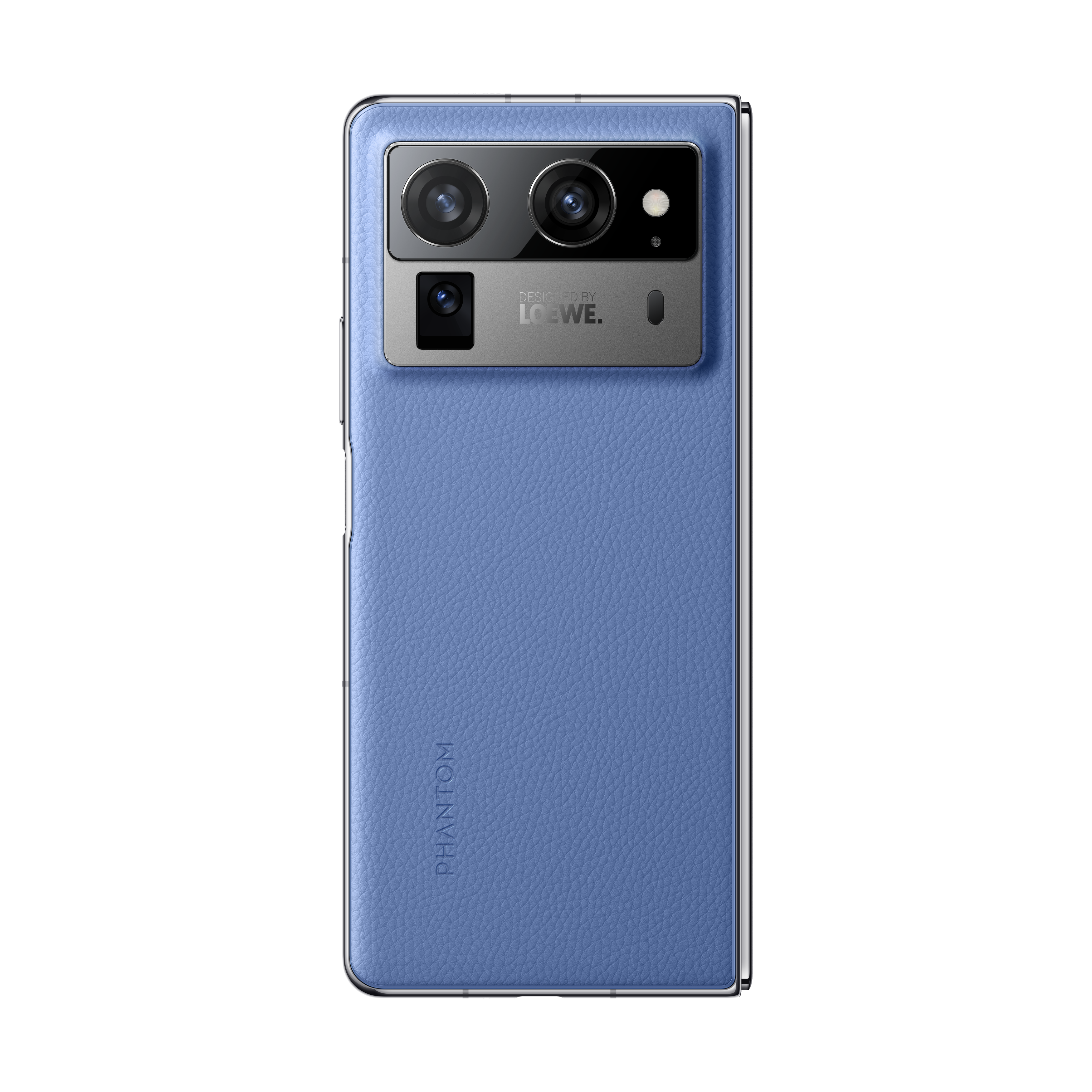 Loewe tarafından tasarlanan, üç kameralı mavi katlanabilir telefon. 'Phantom' kelimesi görünür.