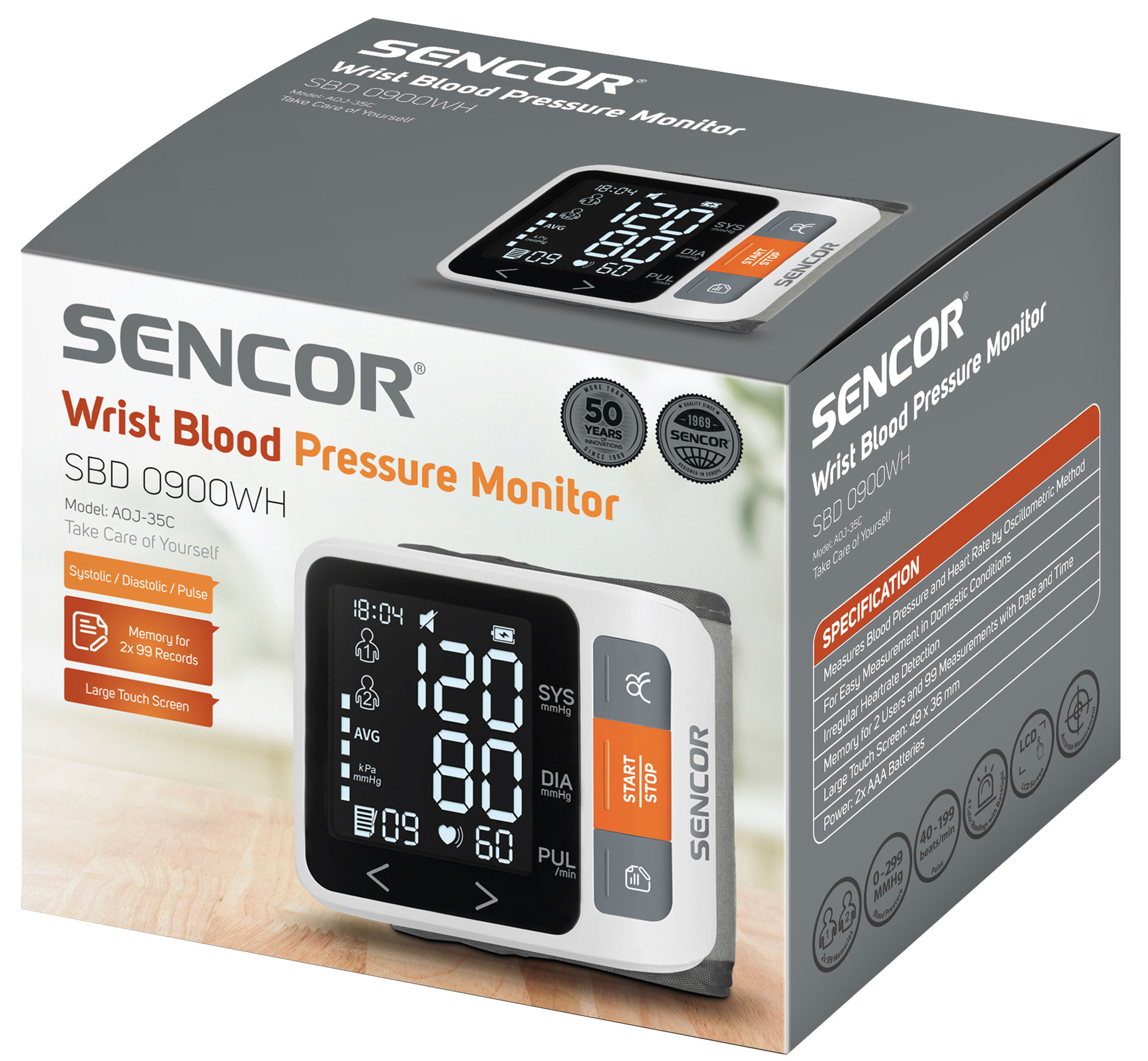 Ciśnieniomierz z wyświetlaczem, pudełko pokazuje szczegóły produktu i markę.
