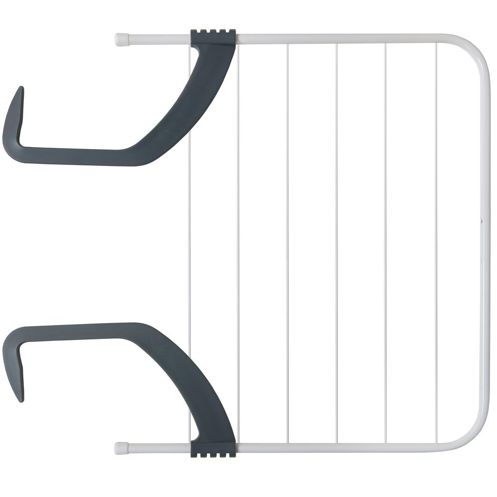 Biały i szary stojak na pranie z otwartymi haczykami.