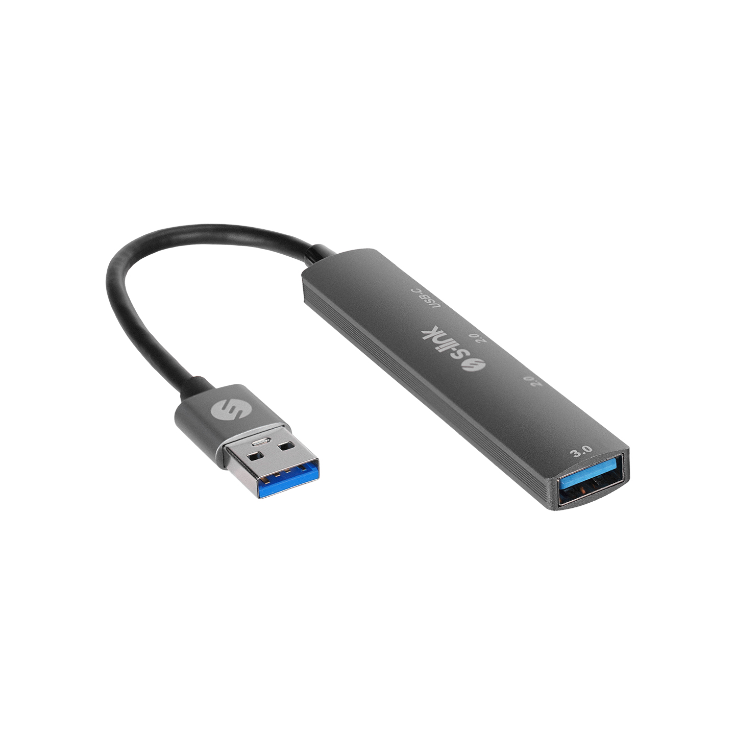 Siyah zeminde gri USB-C - USB 3.0 adaptör kablosu.
