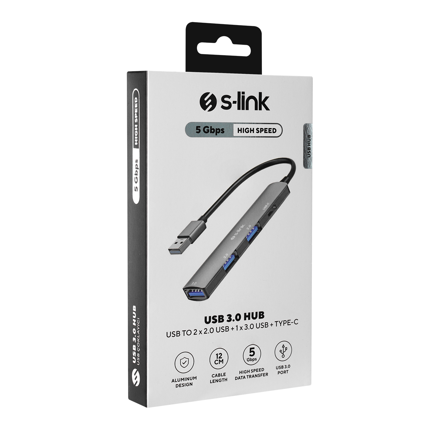 Ambalajında S-link USB 3.0 hub, siyah kablo ve konektörlerle.
