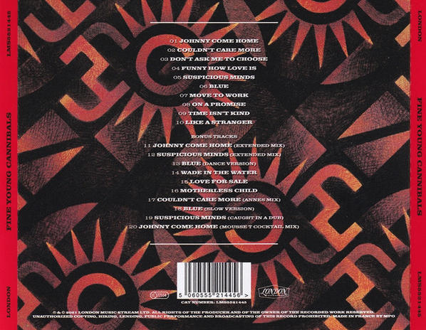 Albumcover mit der Songliste der Fine Young Cannibals. Roter Hintergrund mit weißem und schwarzem Text.