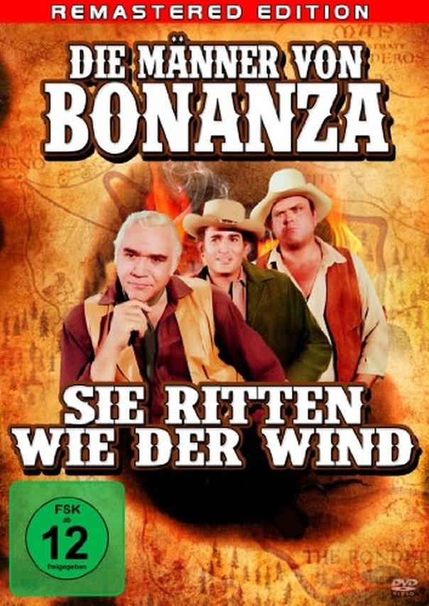DVD-Cover für „Die Männer von Bonanza“ mit Schauspielern in Cowboy-Kleidung.