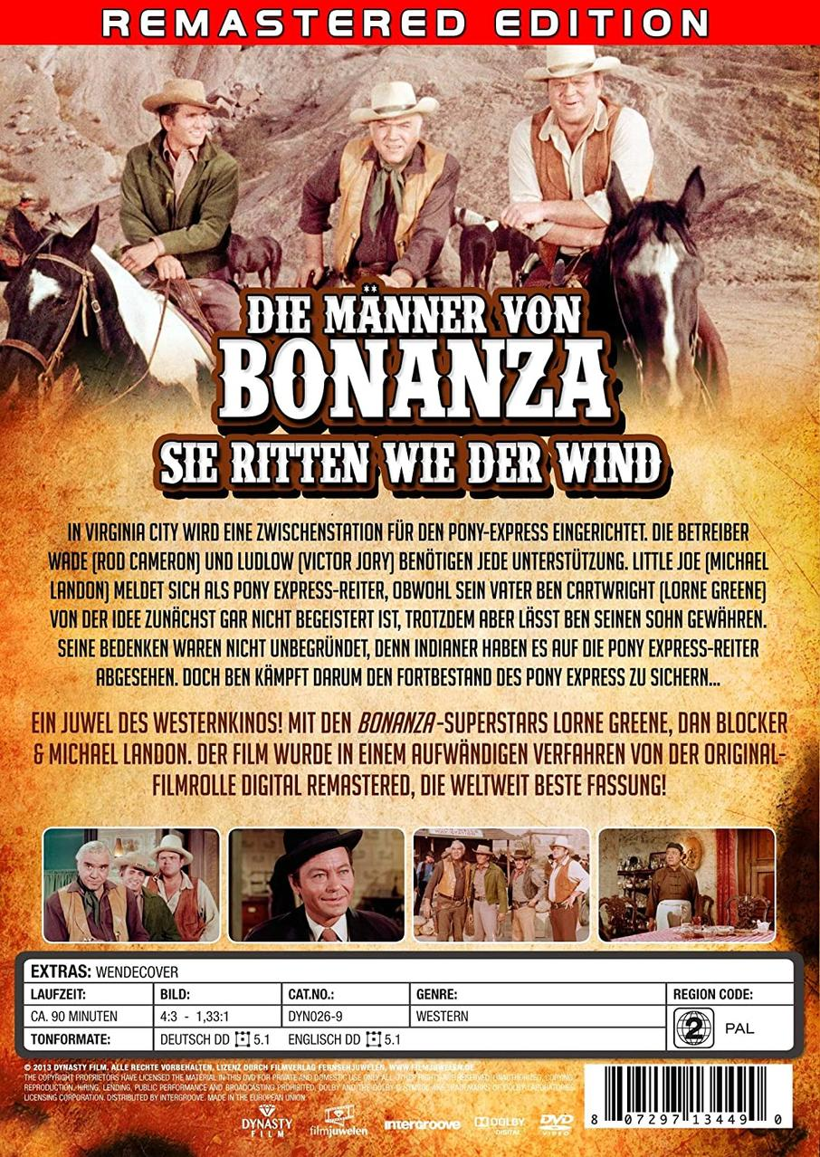 DVD-Cover für den Film 'Die Männer von Bonanza', mit Cowboys auf Pferden und Vintage-Grafiken.