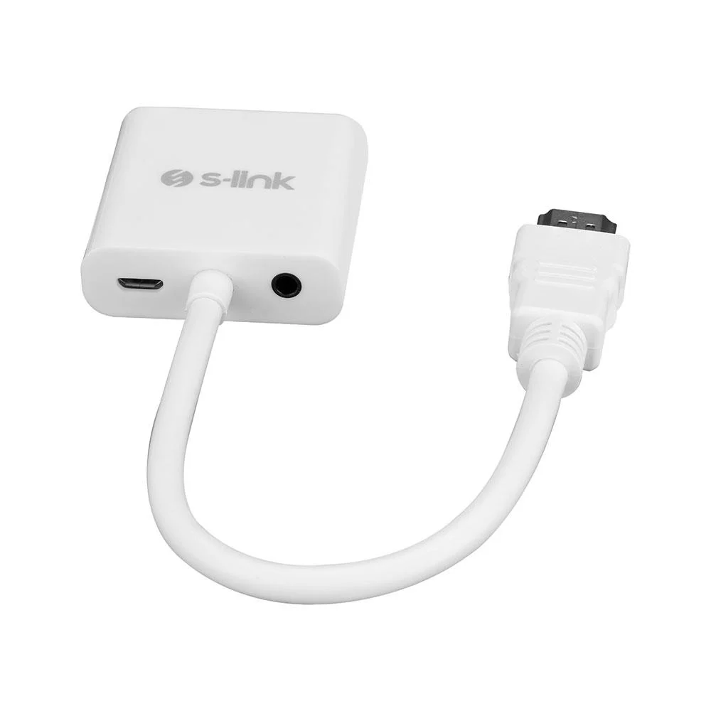 Beyaz S-link HDMI adaptörü, USB ve ses portları, bağlı kablo.