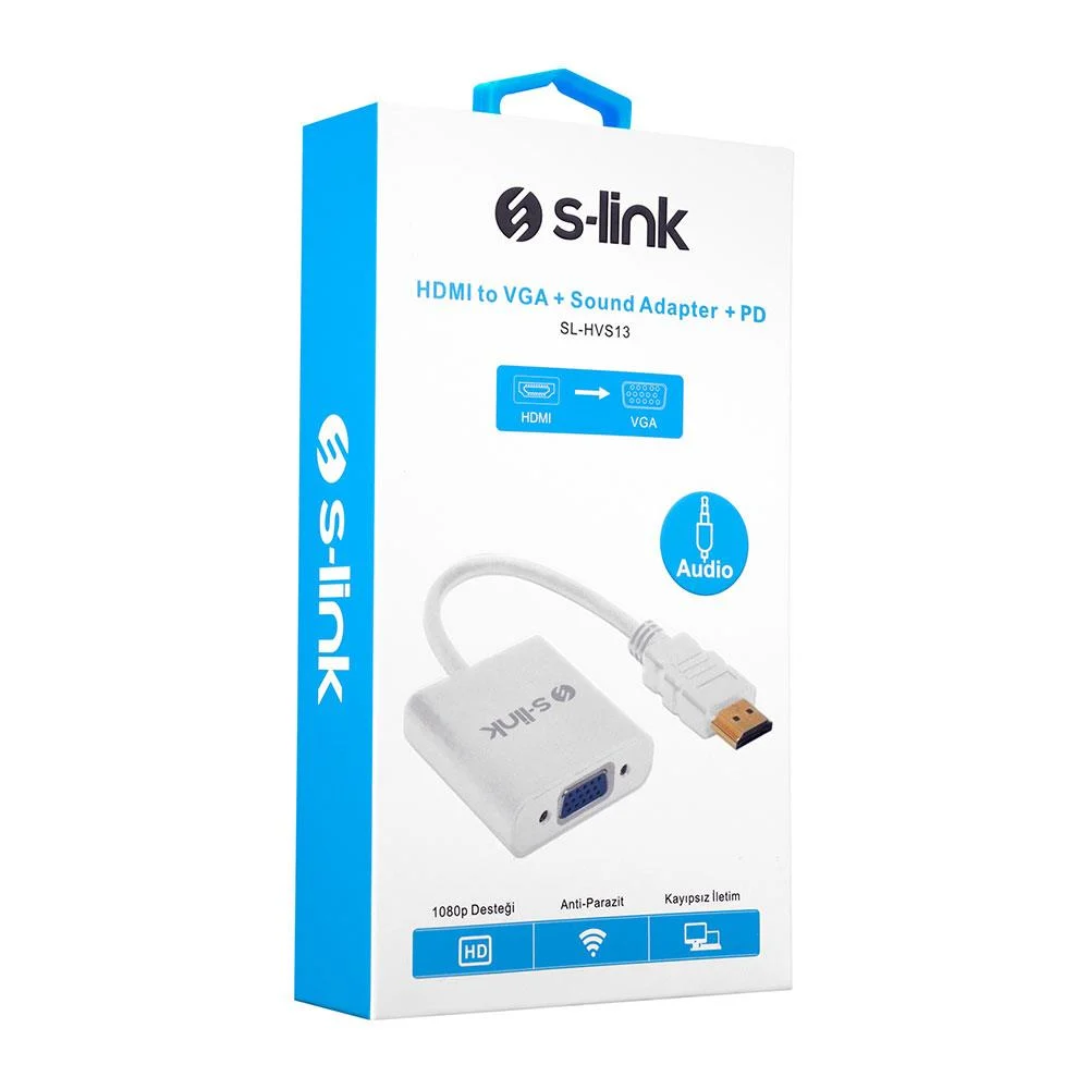 Beyaz ve mavi s-link HDMI - VGA adaptör kutusu, önden görünüm.