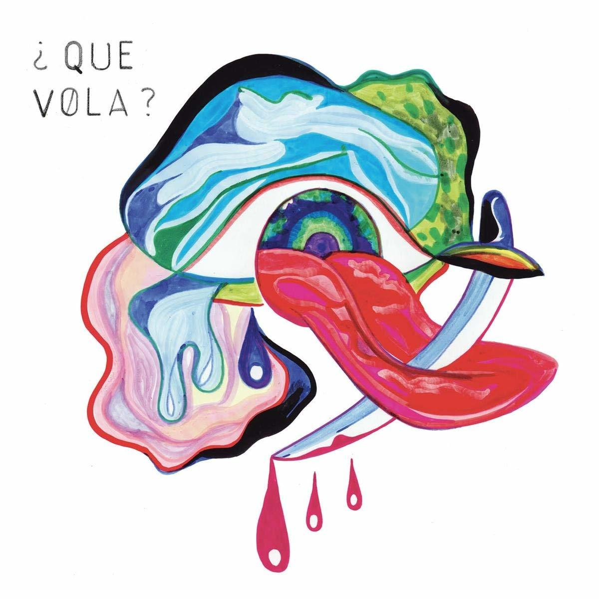 Abstrakte Kunst mit Auge, Zunge und Tropfen, mit Text: ¿QUE VOLA?.