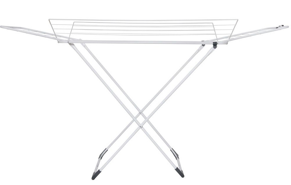 Biała suszarka do ubrań, rozłożona, na białej powierzchni. Stojak ma prosty krzyżowy design.