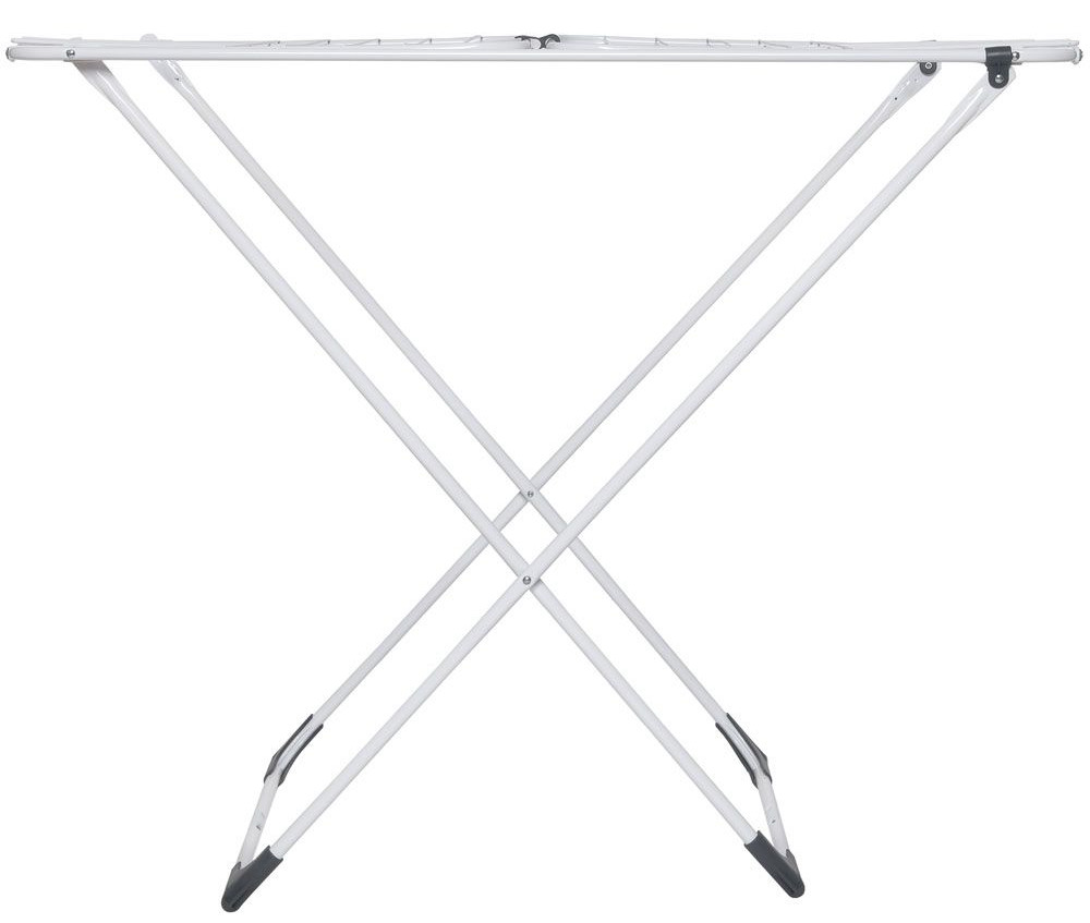 Biała suszarka na ubrania, w kształcie krzyża. Suszarka ma prosty, minimalistyczny design.