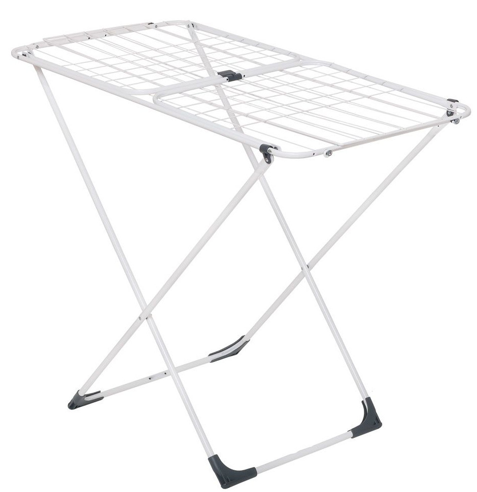 Biała, składana suszarka do ubrań, o siatkowym wzorze, na białym tle.