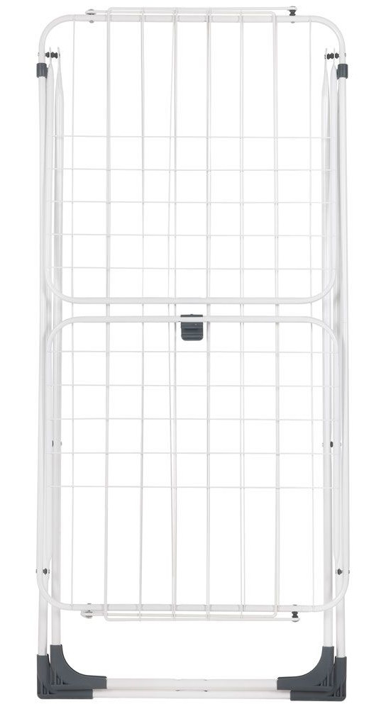 Biała, składana suszarka na pranie. Ma wiele poziomów drucianych półek. Jest pusta i otwarta.