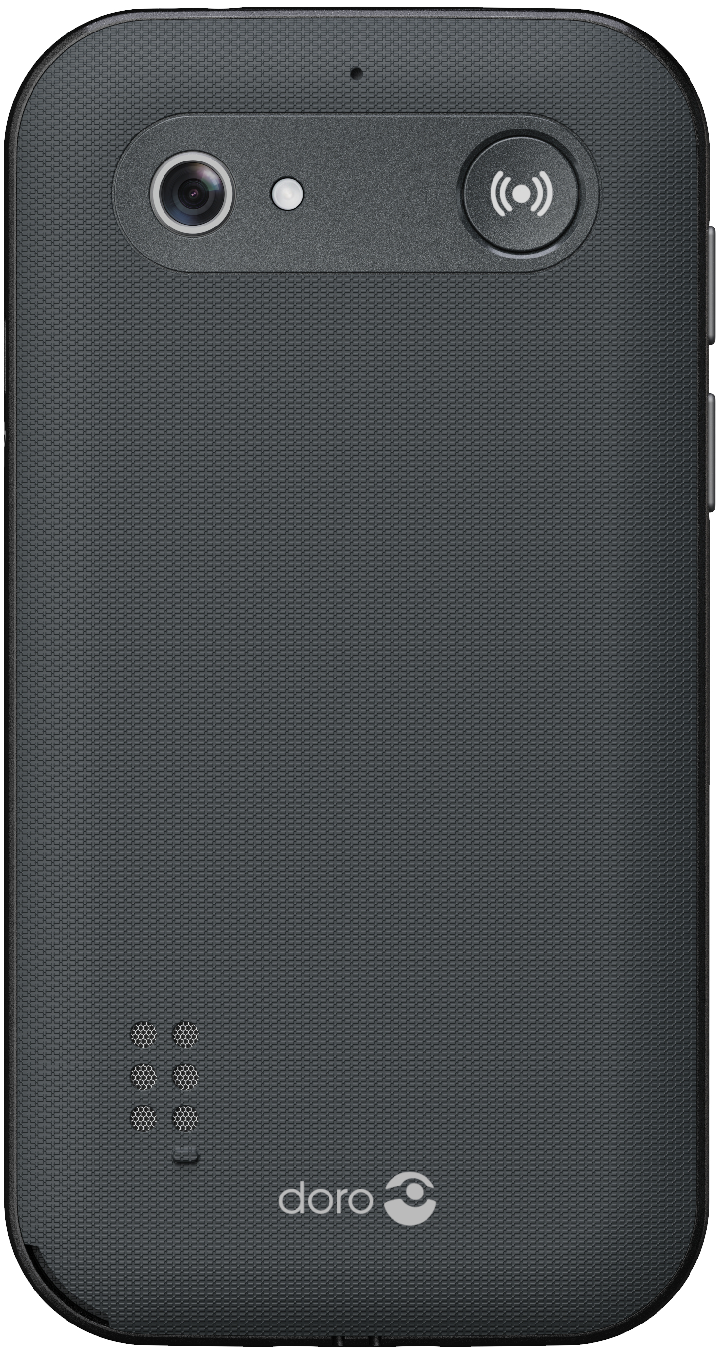 Dunkelgraue Doro-Telefonrückseite mit Kamera und Lautsprecherlöchern.