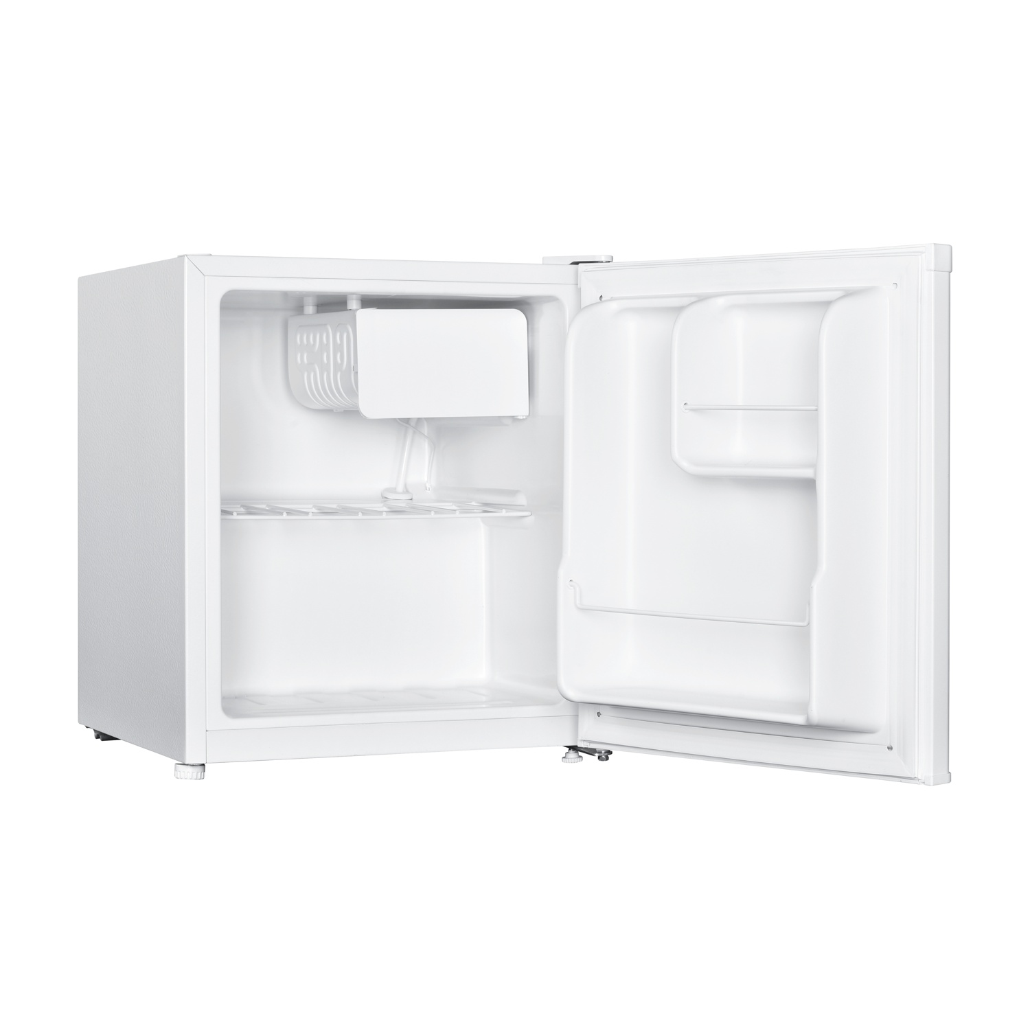 Mini-frigorifero bianco con la porta aperta. Vista interna con ripiani e contenitori.