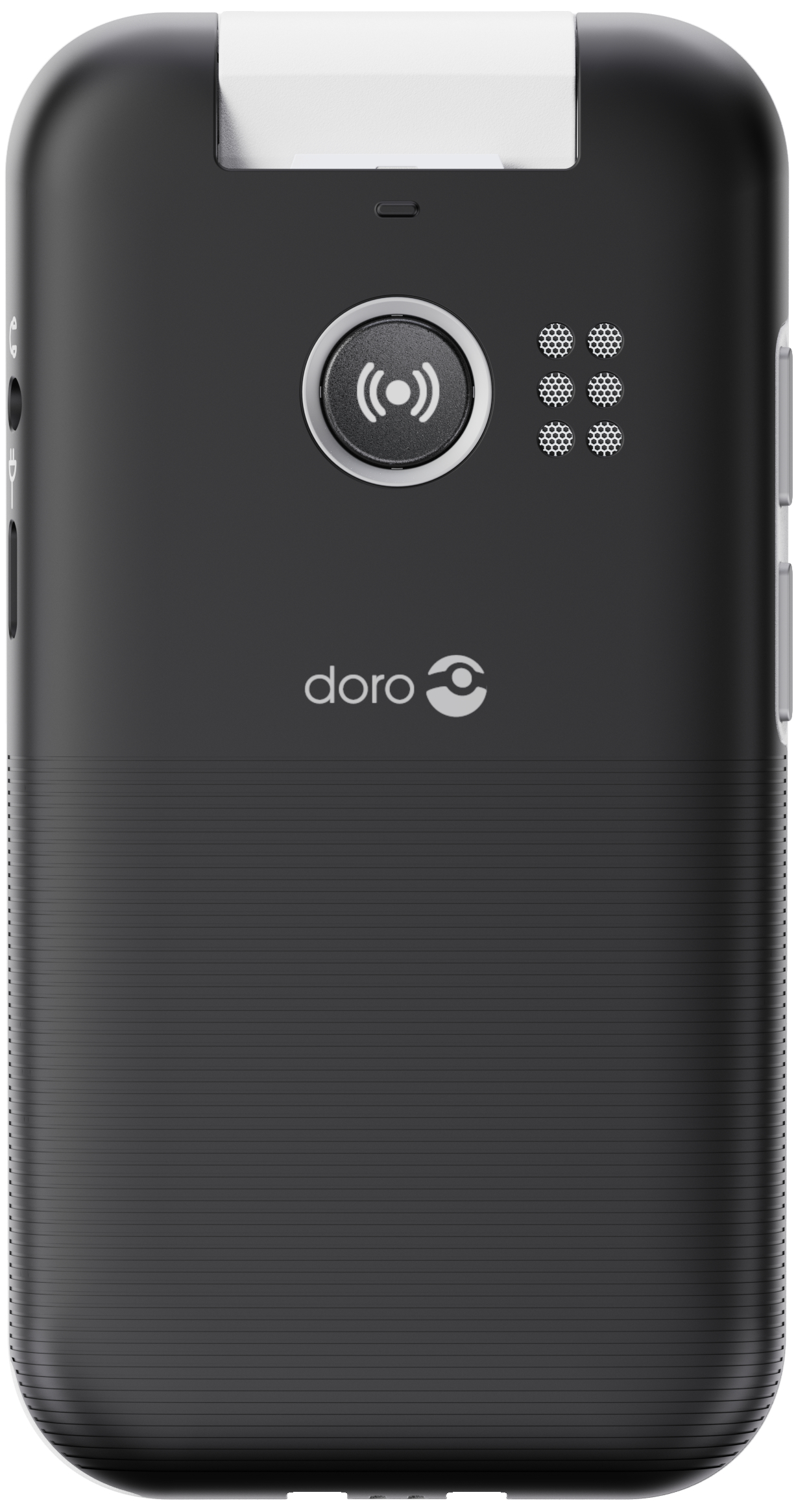 Schwarzes Doro-Mobiltelefon, Rückansicht, mit Knöpfen, Logo und Lautsprechern.