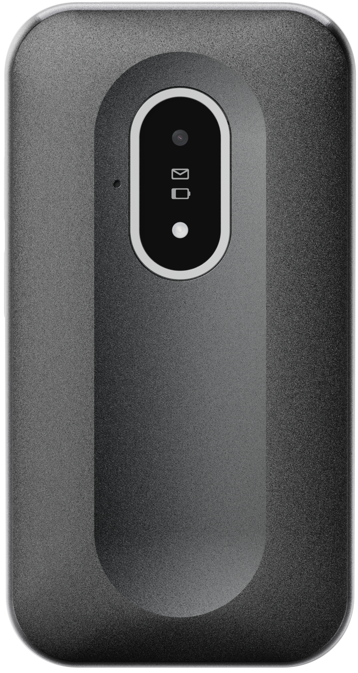 Ein dunkelgraues Handy mit gewölbter Oberseite und einem langen Oval auf der Vorderseite mit Kamera und Symbolen.