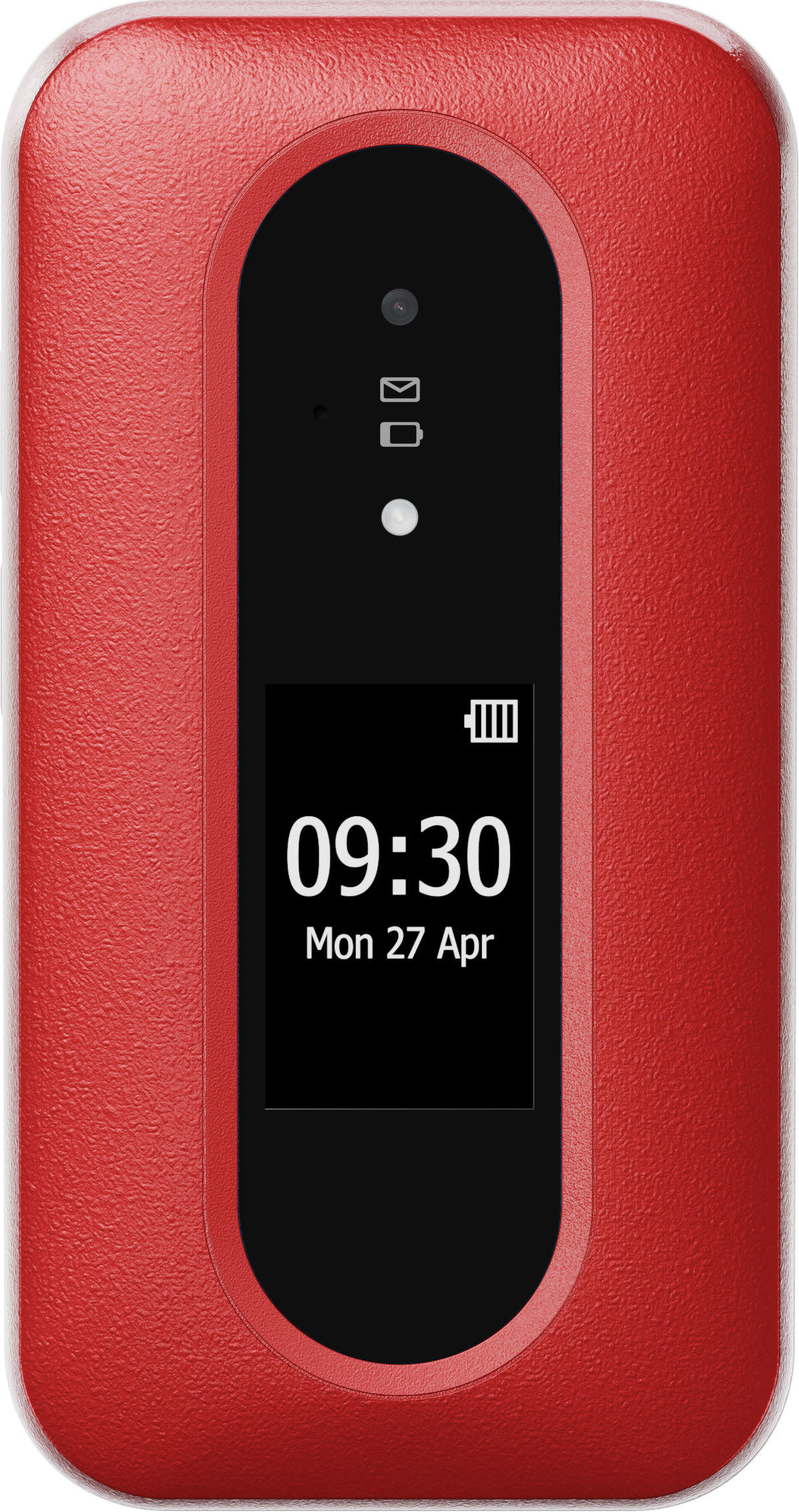 Rotes Telefon mit einem Bildschirm, der Zeit und Datum anzeigt. Symbole für E-Mail und Akku.