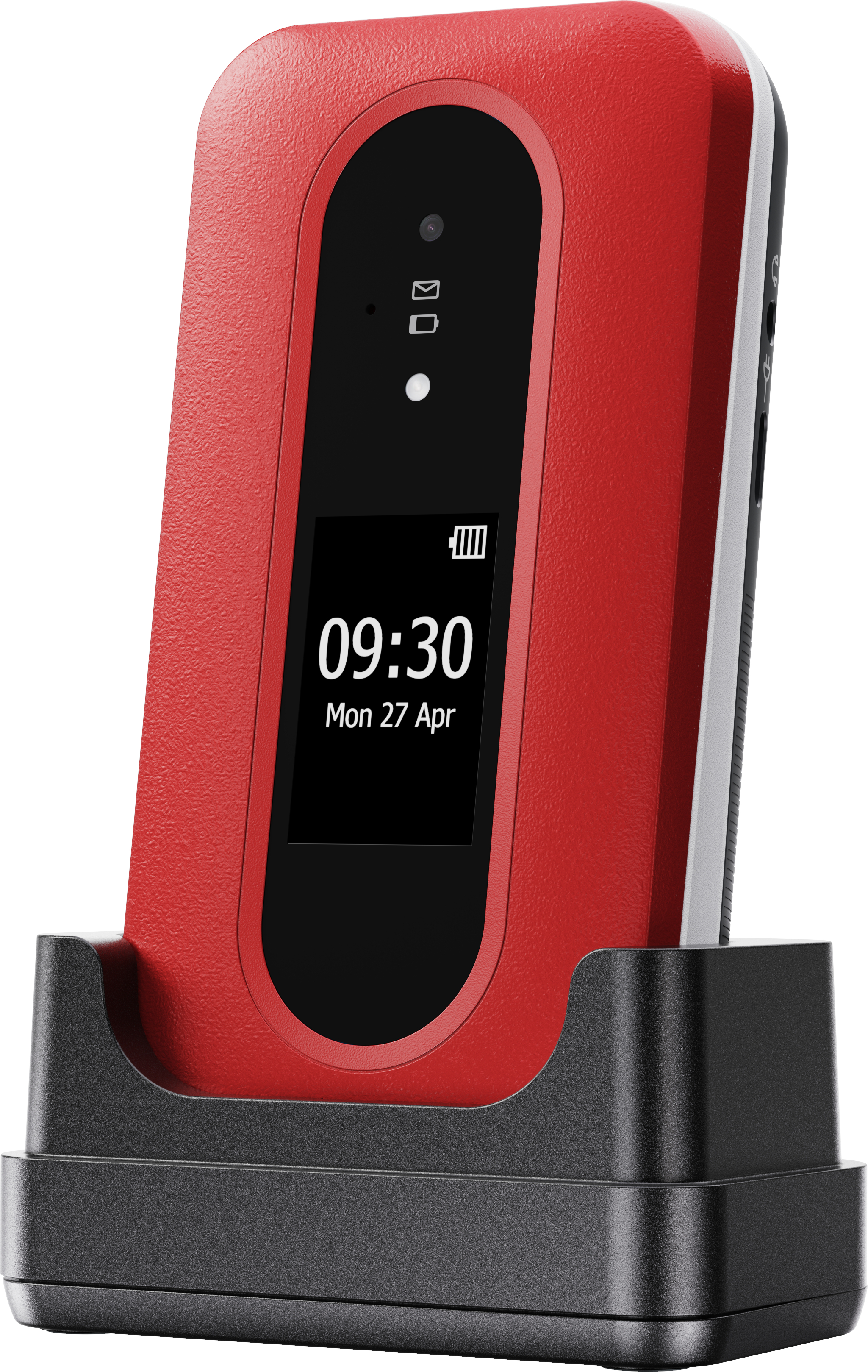 Rotes Telefon in Ladestation. Bildschirm zeigt Uhrzeit und Datum. Schwarze Dockingstation auf weißem Hintergrund.