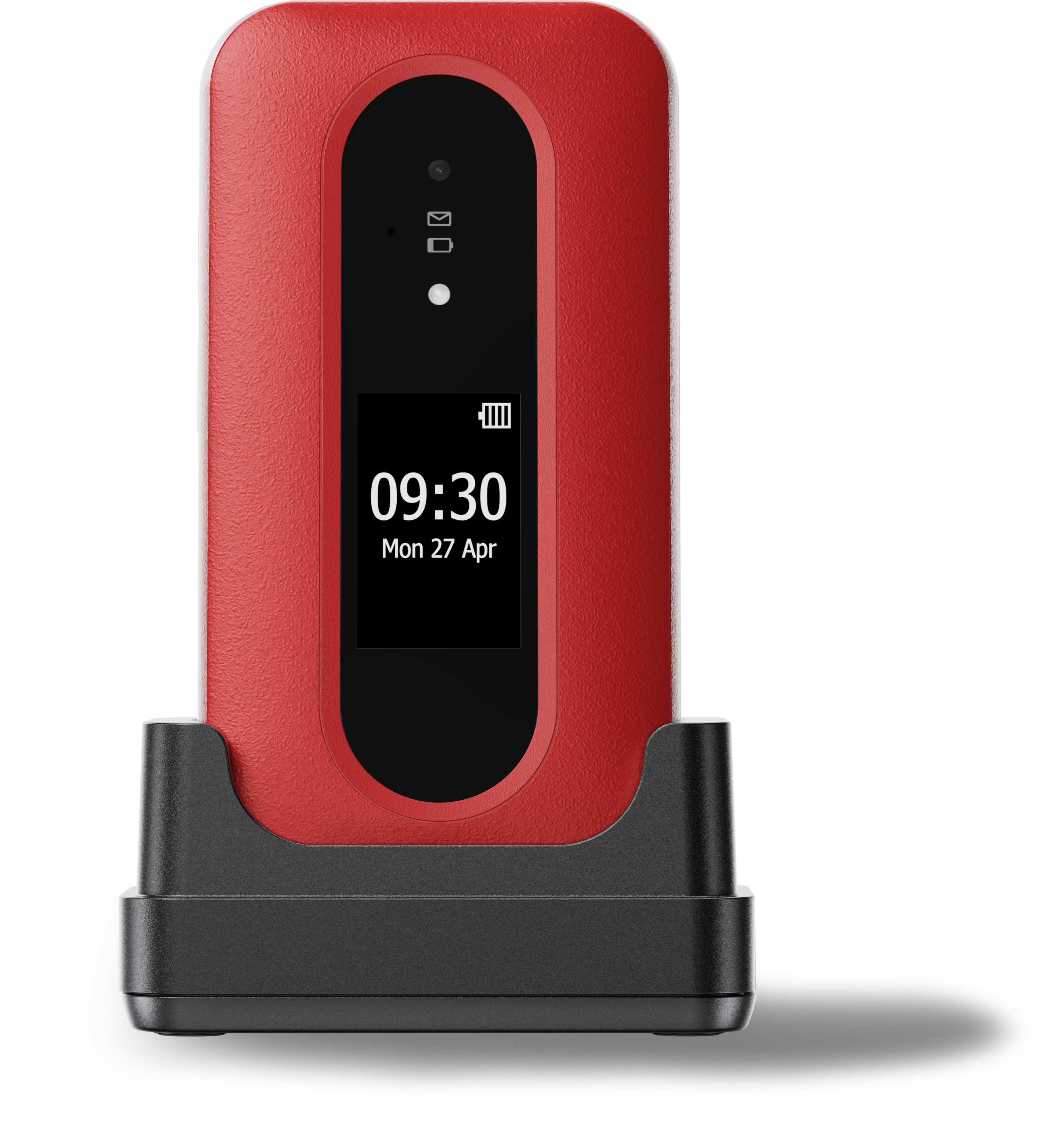 Rotes Mobiltelefon mit schwarzem Bildschirm und Ladestation.