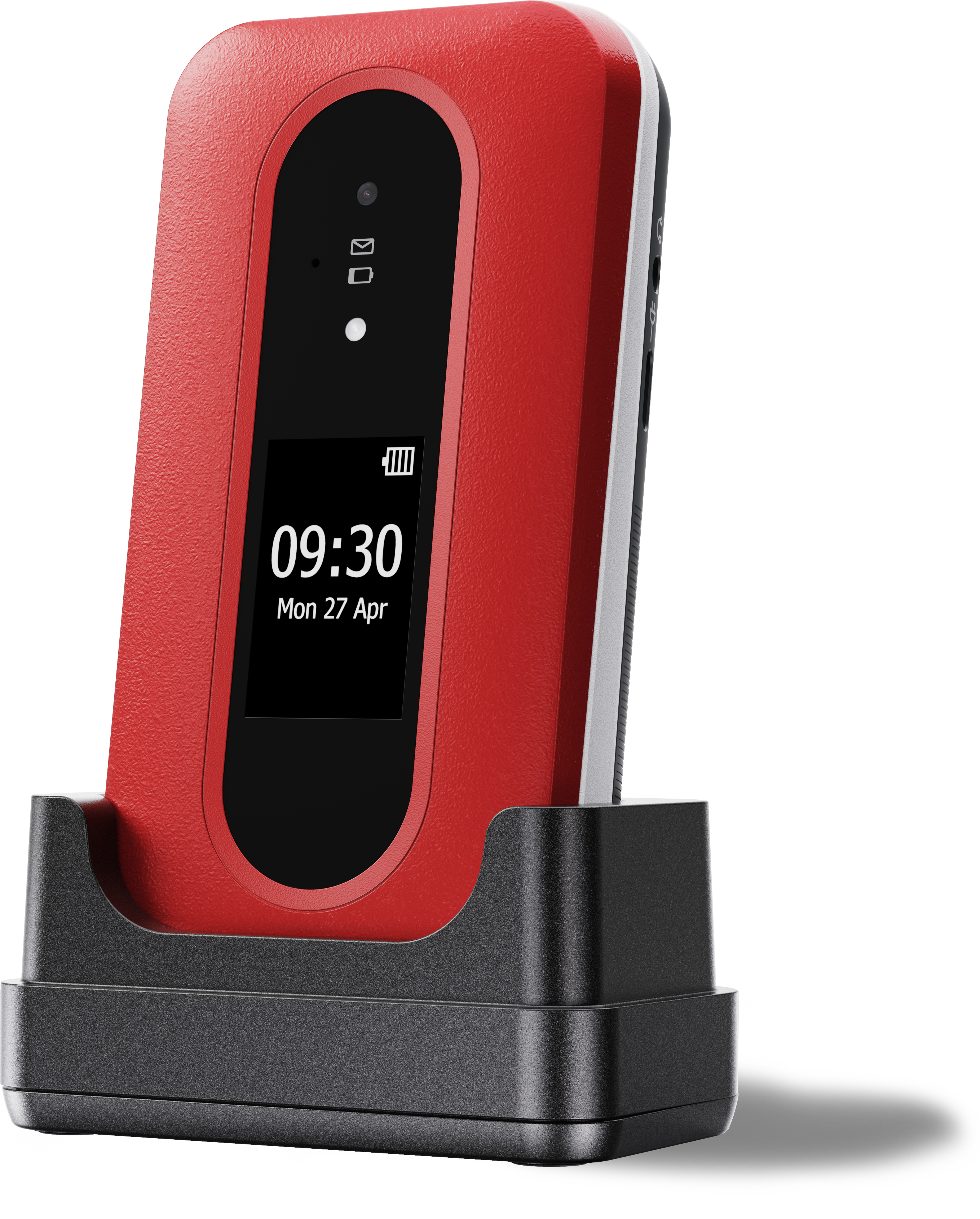 Rotes Mobiltelefon mit Zeitanzeige auf einem schwarzen Dock.