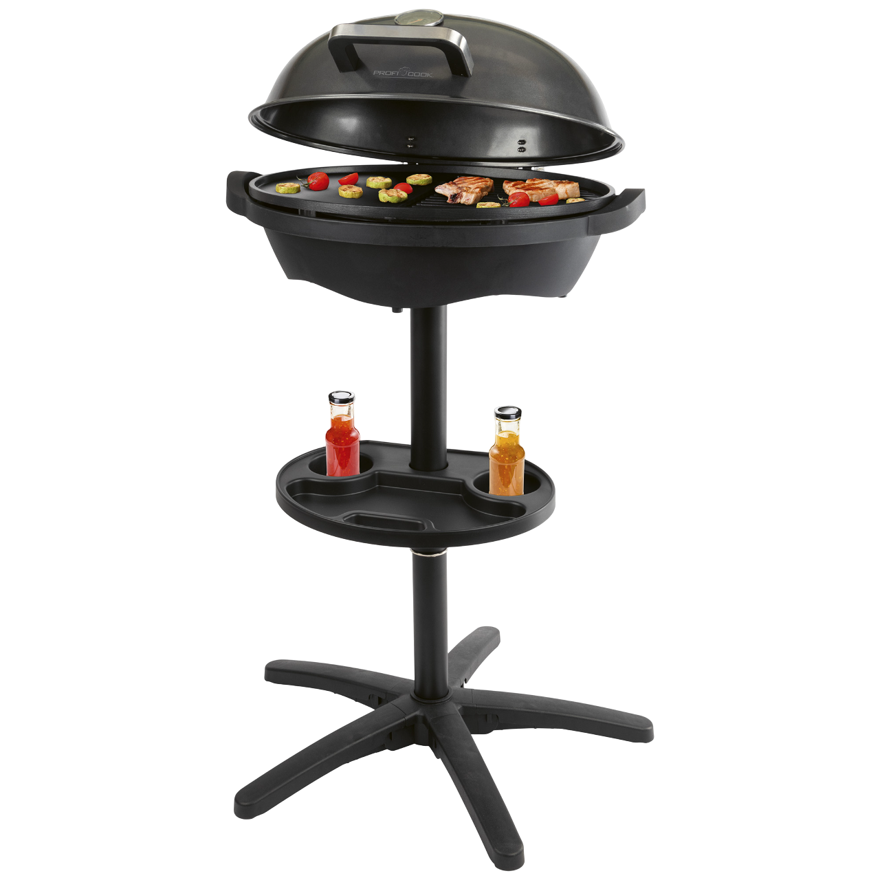 Schwarzer Elektrogrill mit Kochfläche, Essen, Gewürzflaschen und einem schwarzen Ständer.