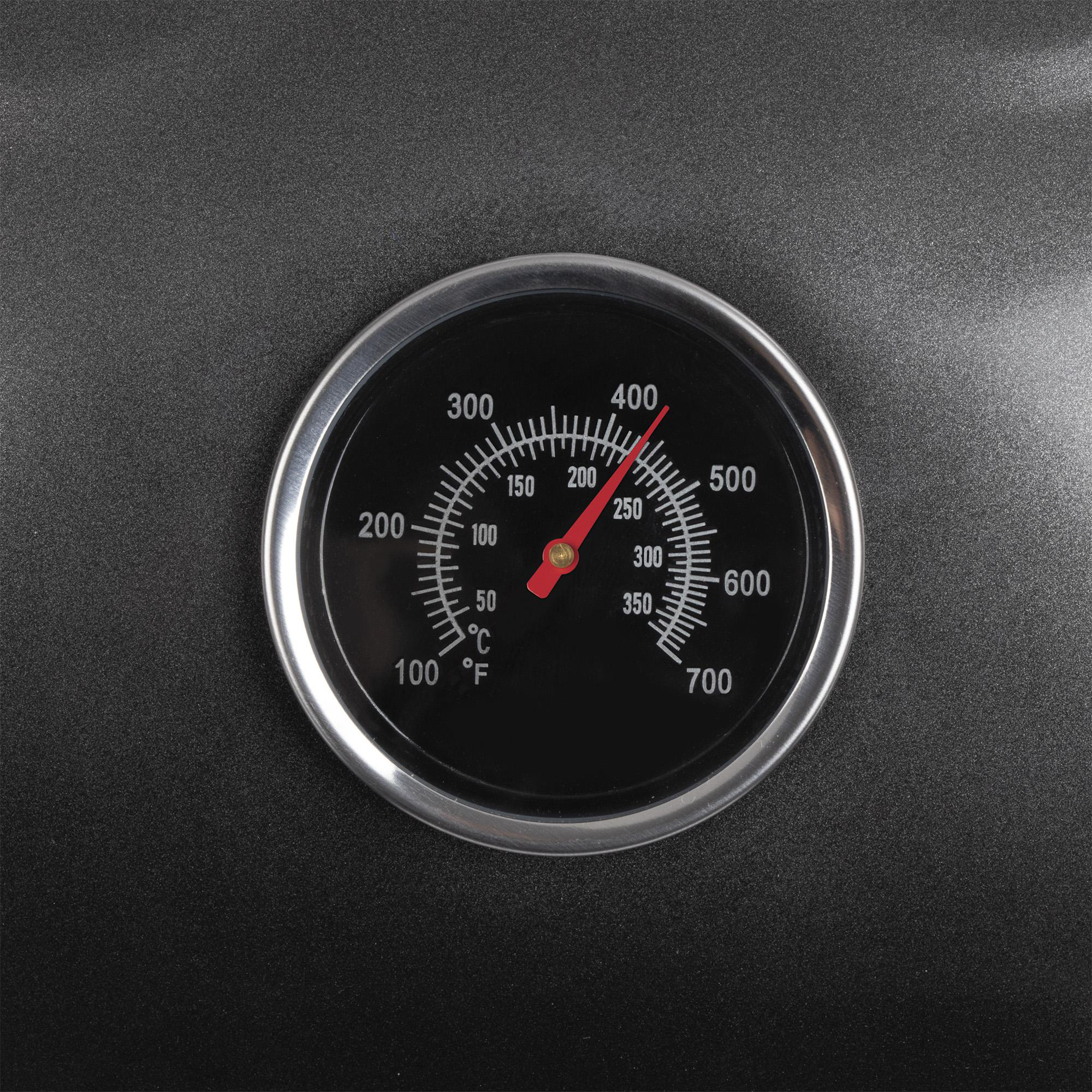 Rundes schwarzes Thermometer mit Grad Celsius und Fahrenheit.