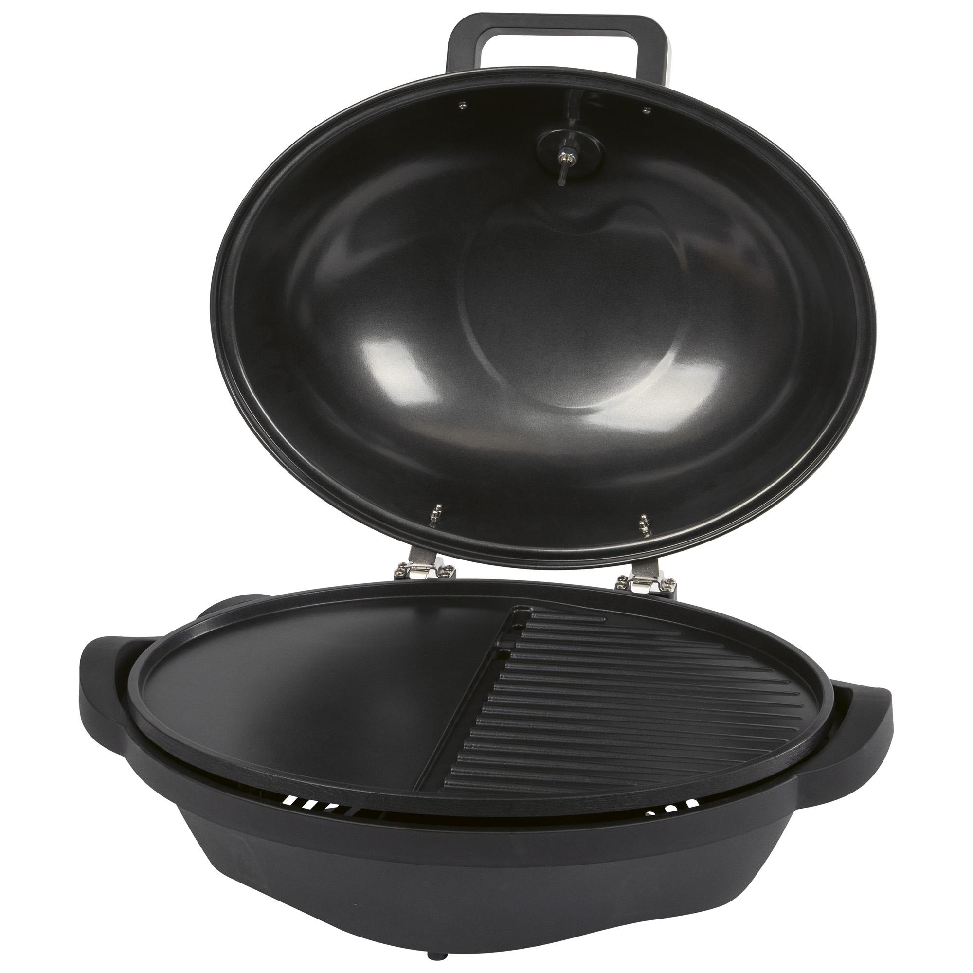 Ein offener schwarzer Grill mit einer Grillplatte und einer Kochfläche, mit einem schwarzen Sockel.