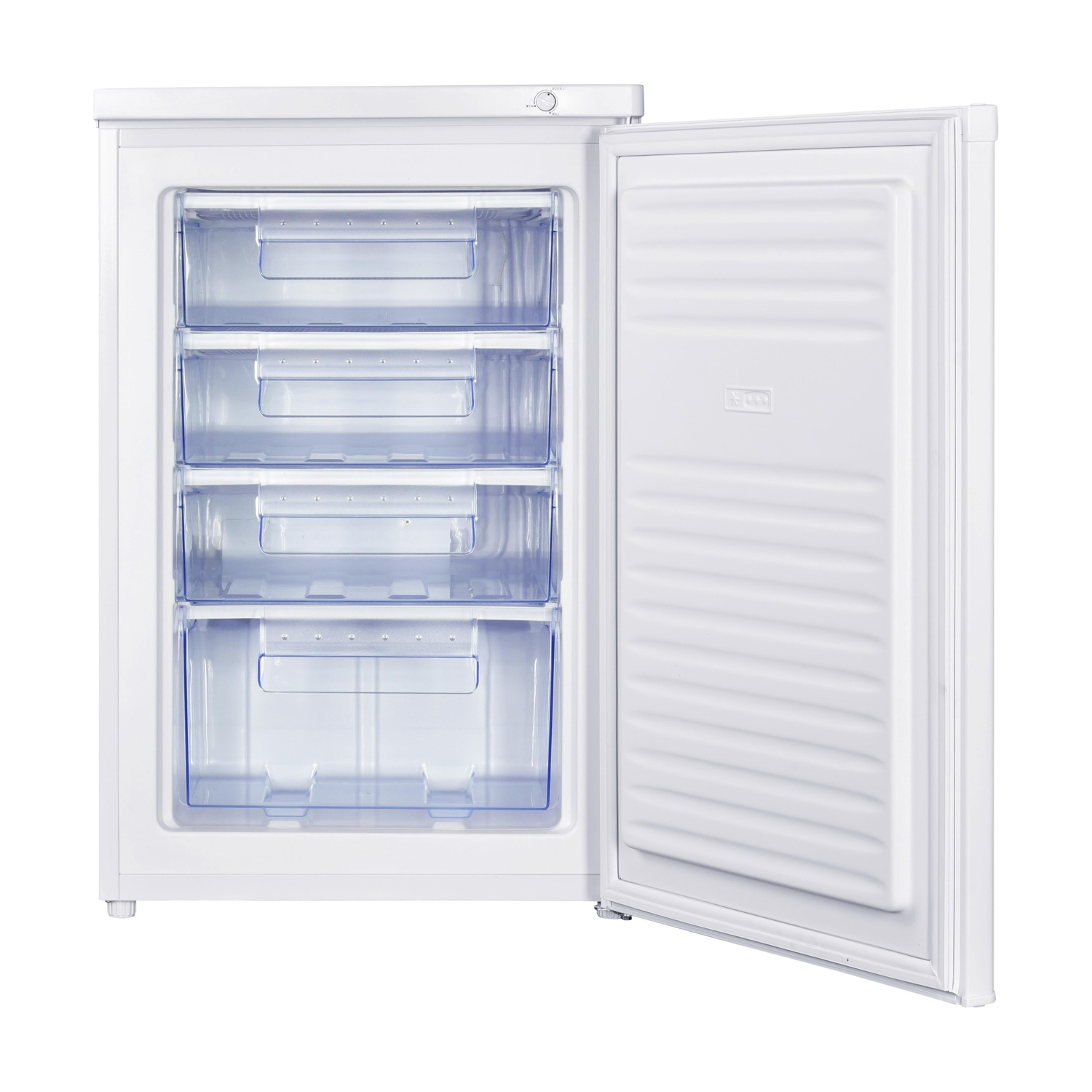 Congelatore bianco con porta aperta. Quattro cassetti trasparenti visibili. Interno e sfondo bianchi.