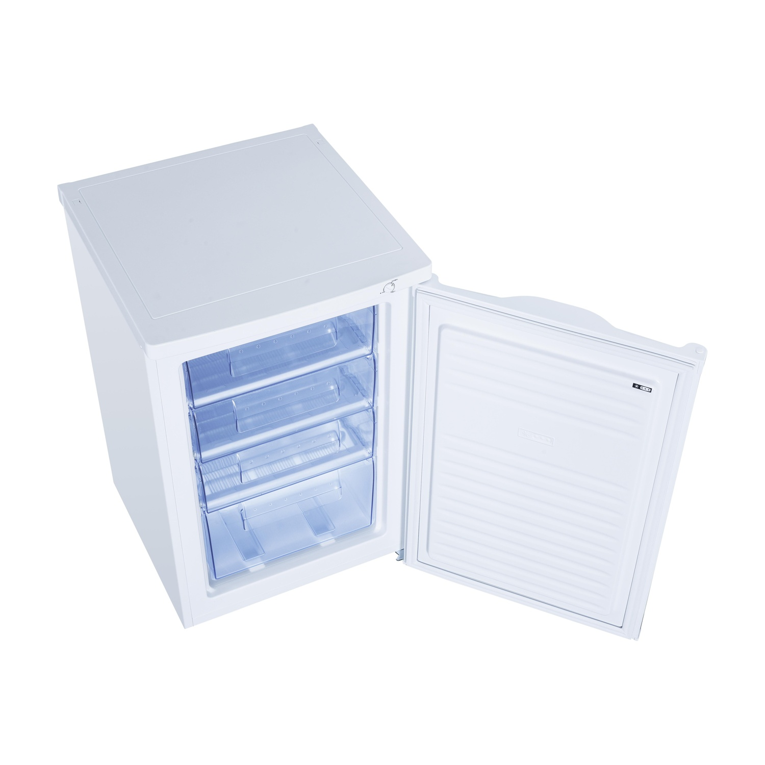 Un congelatore bianco con tre cassetti aperti, che mostrano l'interno. Anche la porta è aperta.