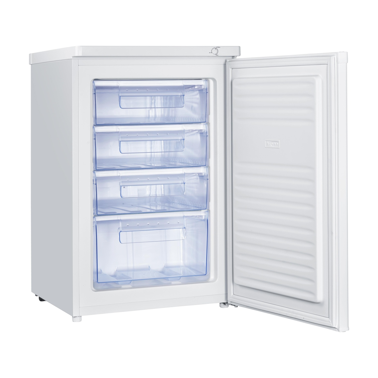 Congelatore bianco con porta aperta, che mostra i cassetti.