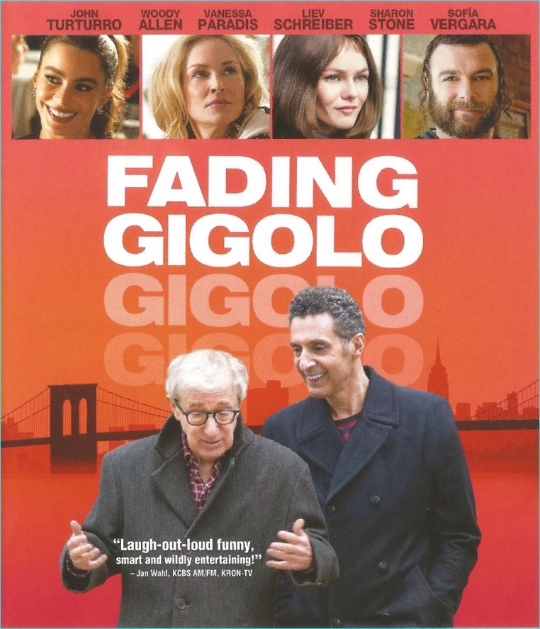 DVD-hoes van 'Fading Gigolo'. Woody Allen en John Turturro staan centraal, met een stadsachtergrond.