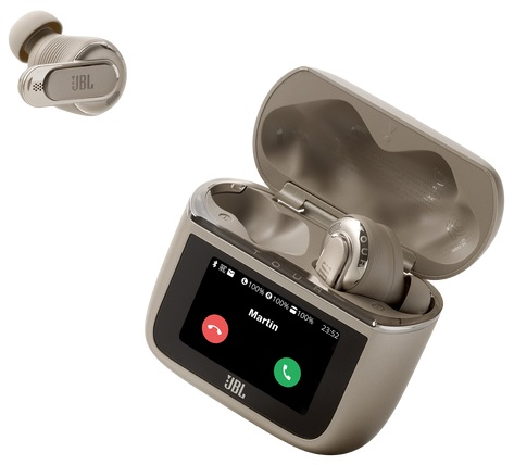 Etui na słuchawki JBL z wkładką douszną w środku i jedną osobno. Ekran pokazuje połączenie.